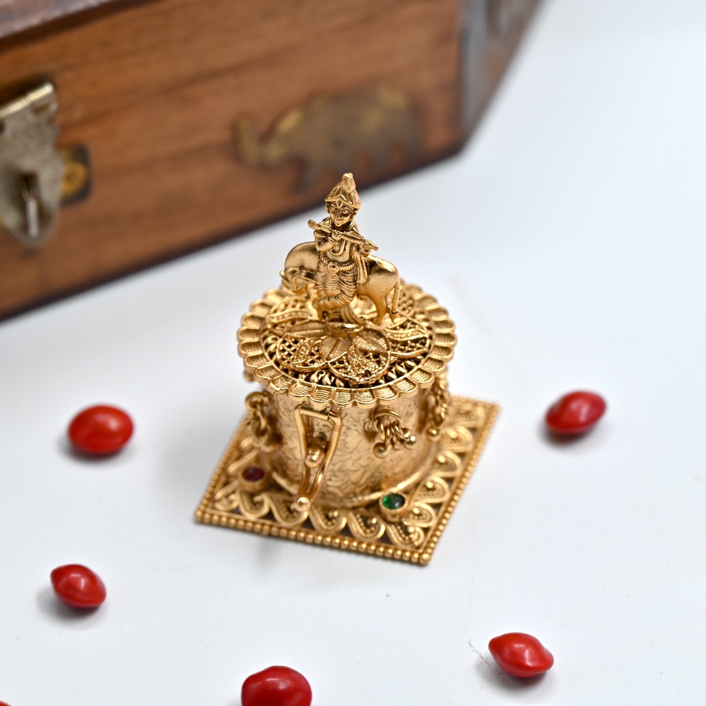 Antique Gold Kemp Gopala Krishna Haldi/Kumkum Box - Sindoor Dabbi