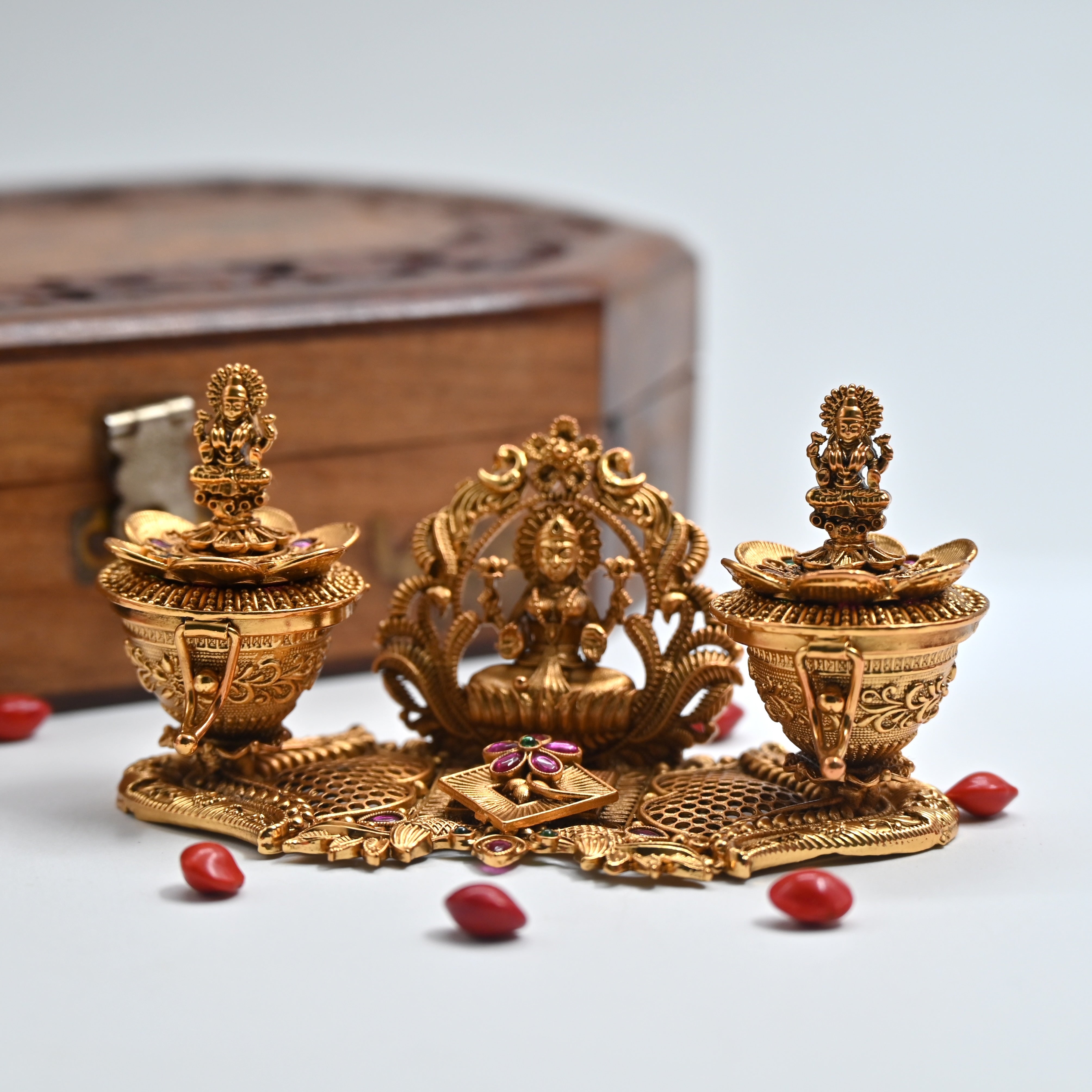 Antique Gold Premium Kemp Big Mahalakshmi Haldi & Kumkum Box - Haldi Sindoor Dabbi