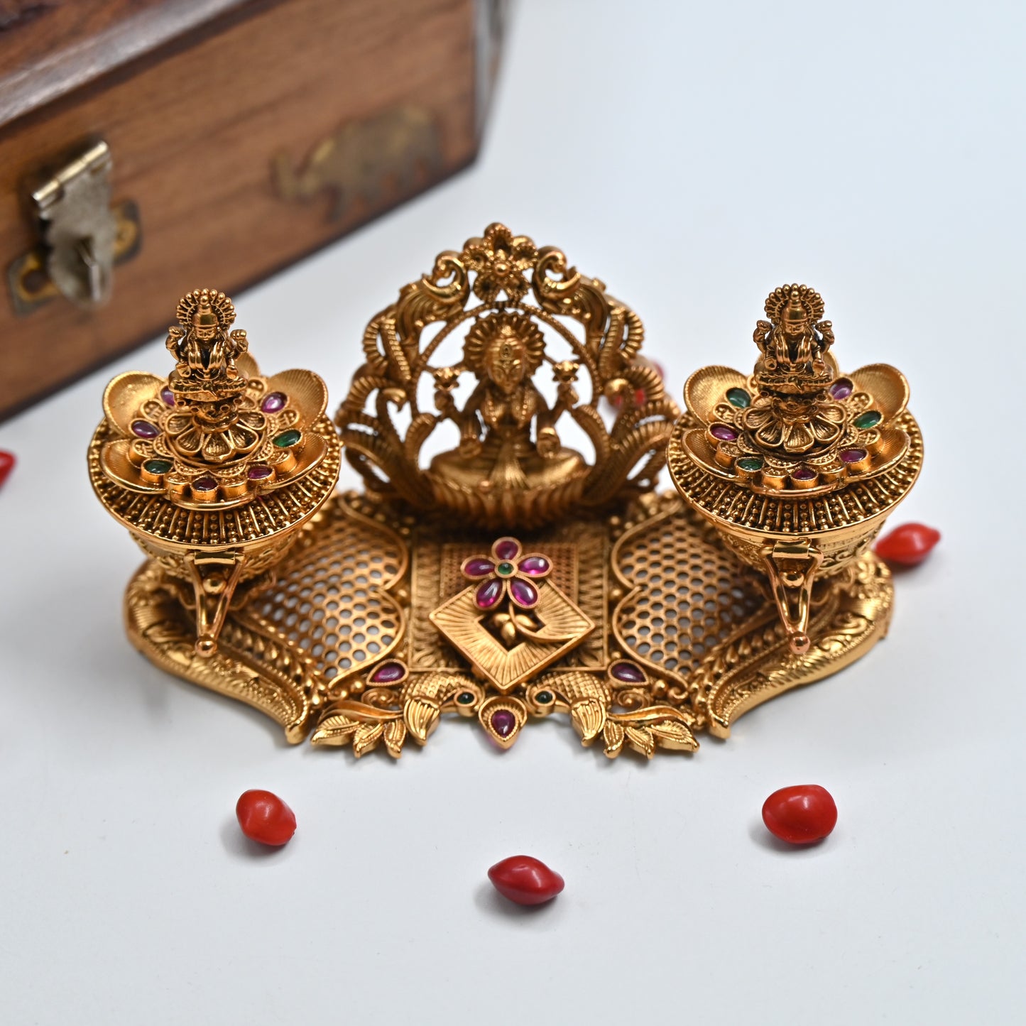 Antique Gold Premium Kemp Big Mahalakshmi Haldi & Kumkum Box - Haldi Sindoor Dabbi