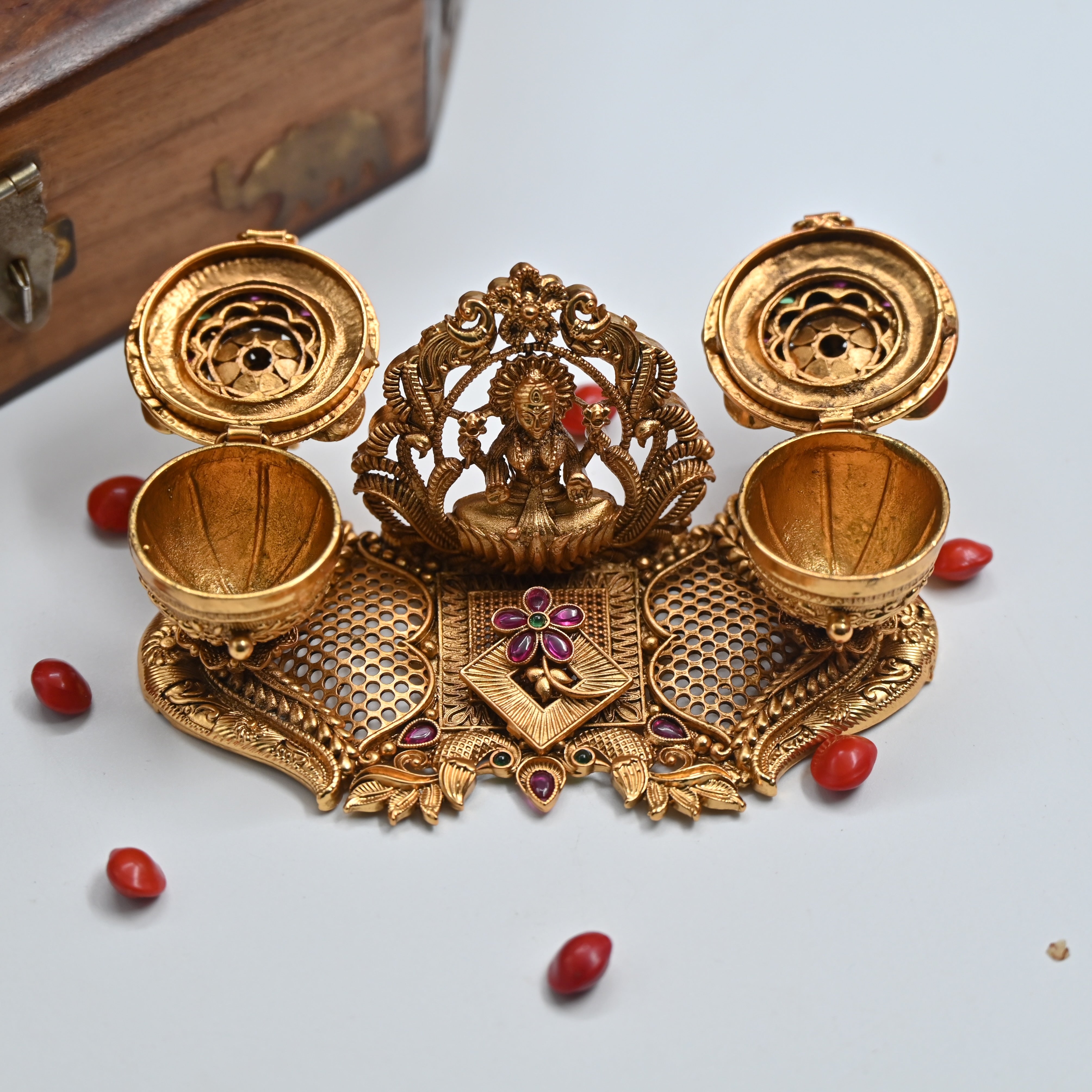 Antique Gold Premium Kemp Big Mahalakshmi Haldi & Kumkum Box - Haldi Sindoor Dabbi