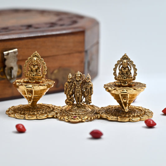 Antique Gold Ram Parivar Lakshmi Haldi & Kumkum Box - Haldi Sindoor Dabbi