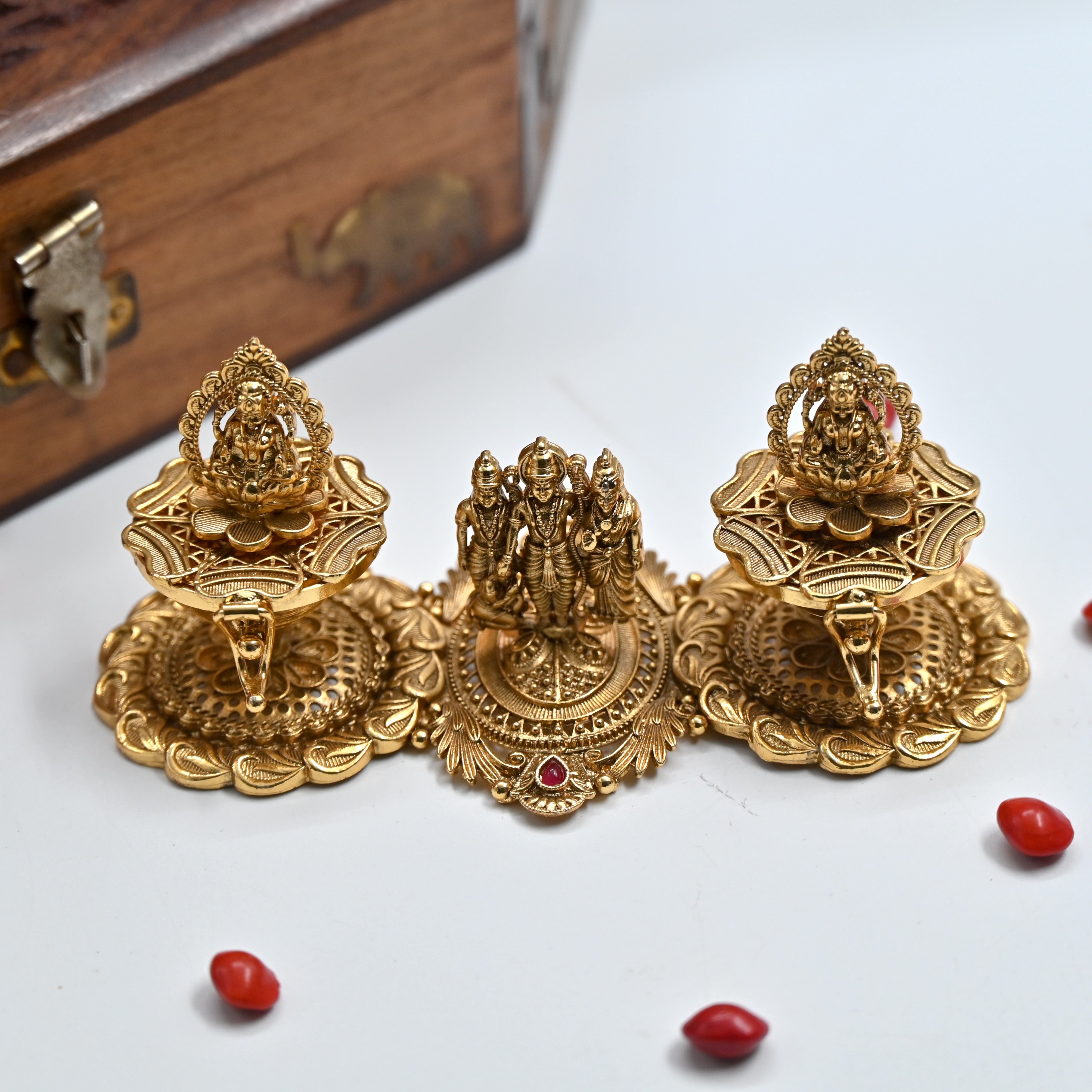 Antique Gold Ram Parivar Lakshmi Haldi & Kumkum Box - Haldi Sindoor Dabbi