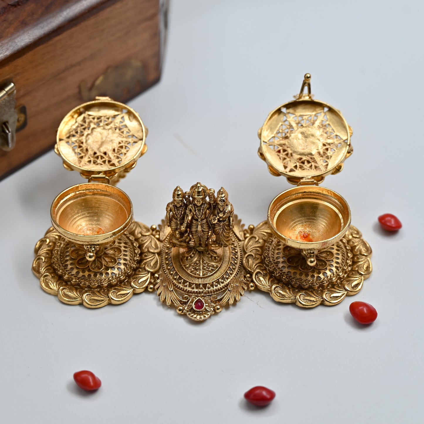 Antique Gold Ram Parivar Lakshmi Haldi & Kumkum Box - Haldi Sindoor Dabbi