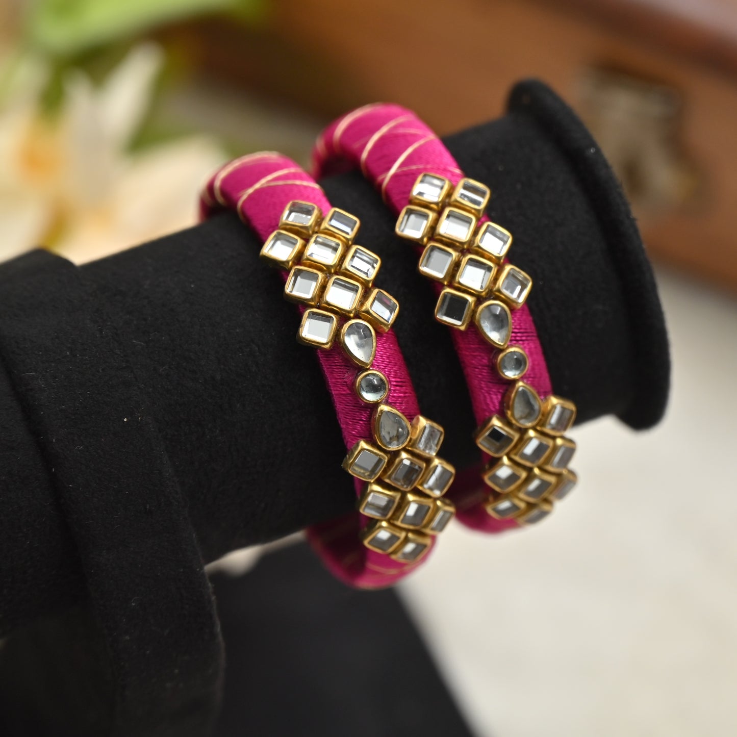 Checkered Pattern Silk Thread Kundan Kids Bangles - Best Return Gifts For Women & Kids