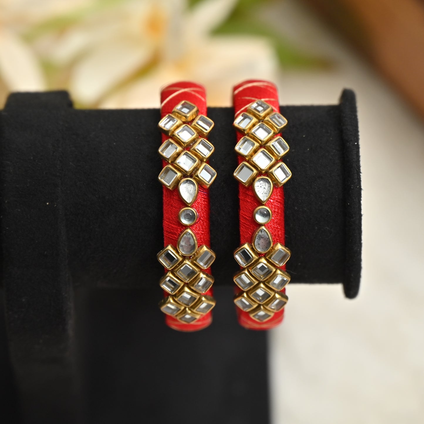 Checkered Pattern Silk Thread Kundan Kids Bangles - Best Return Gifts For Women & Kids