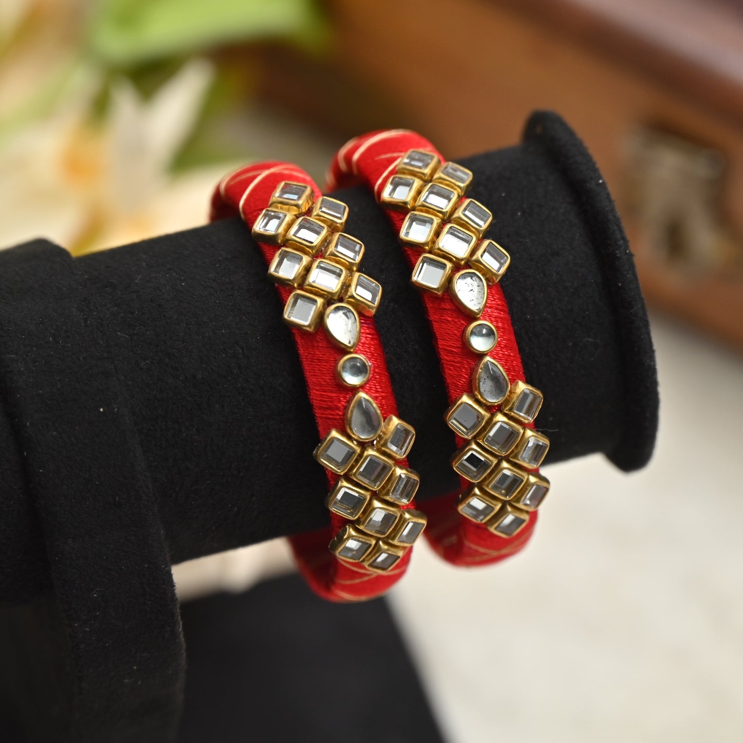 Checkered Pattern Silk Thread Kundan Kids Bangles - Best Return Gifts For Women & Kids