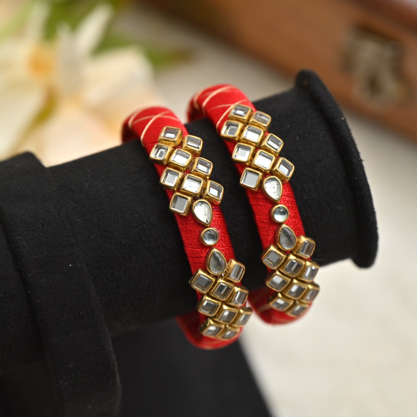 Checkered Pattern Silk Thread Kundan Kids Bangles - Best Return Gifts For Women & Kids