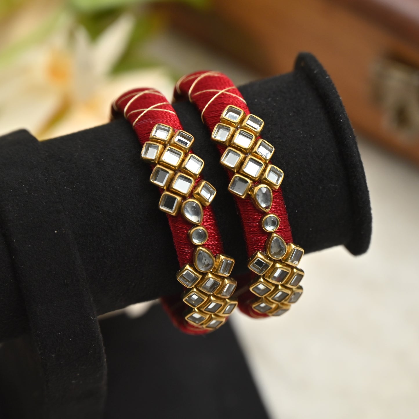 Checkered Pattern Silk Thread Kundan Kids Bangles - Best Return Gifts For Women & Kids