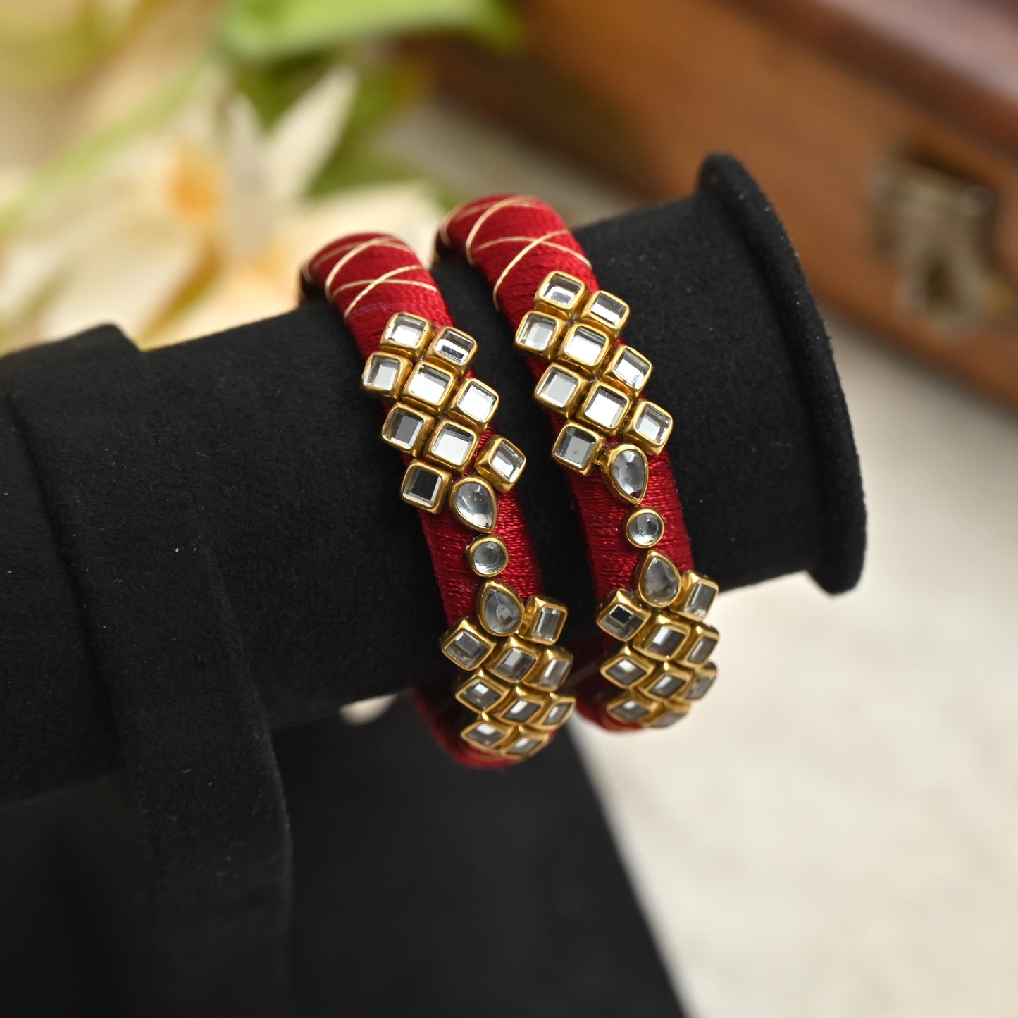 Checkered Pattern Silk Thread Kundan Kids Bangles - Best Return Gifts For Women & Kids