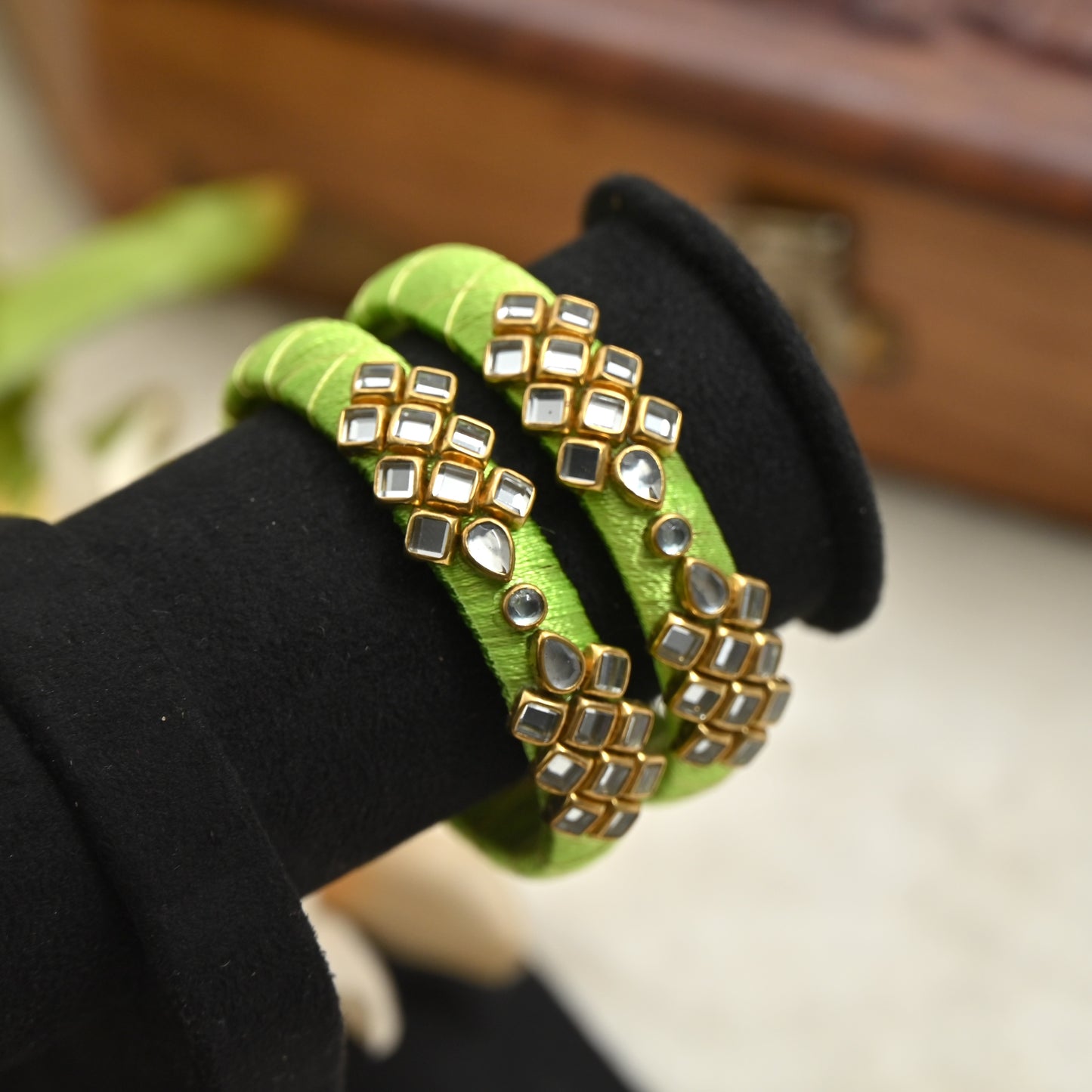 Checkered Pattern Silk Thread Kundan Kids Bangles - Best Return Gifts For Women & Kids