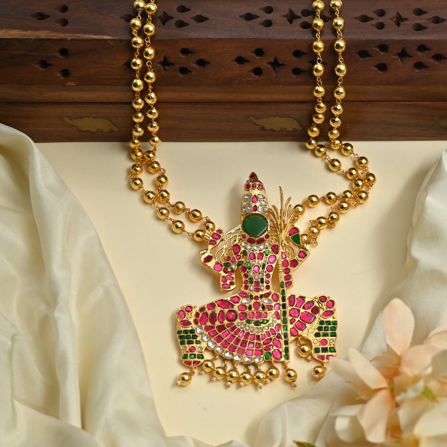 Divine Gold Look Alike Jadau Kundan Kamakshi Pendant with Balls Chain