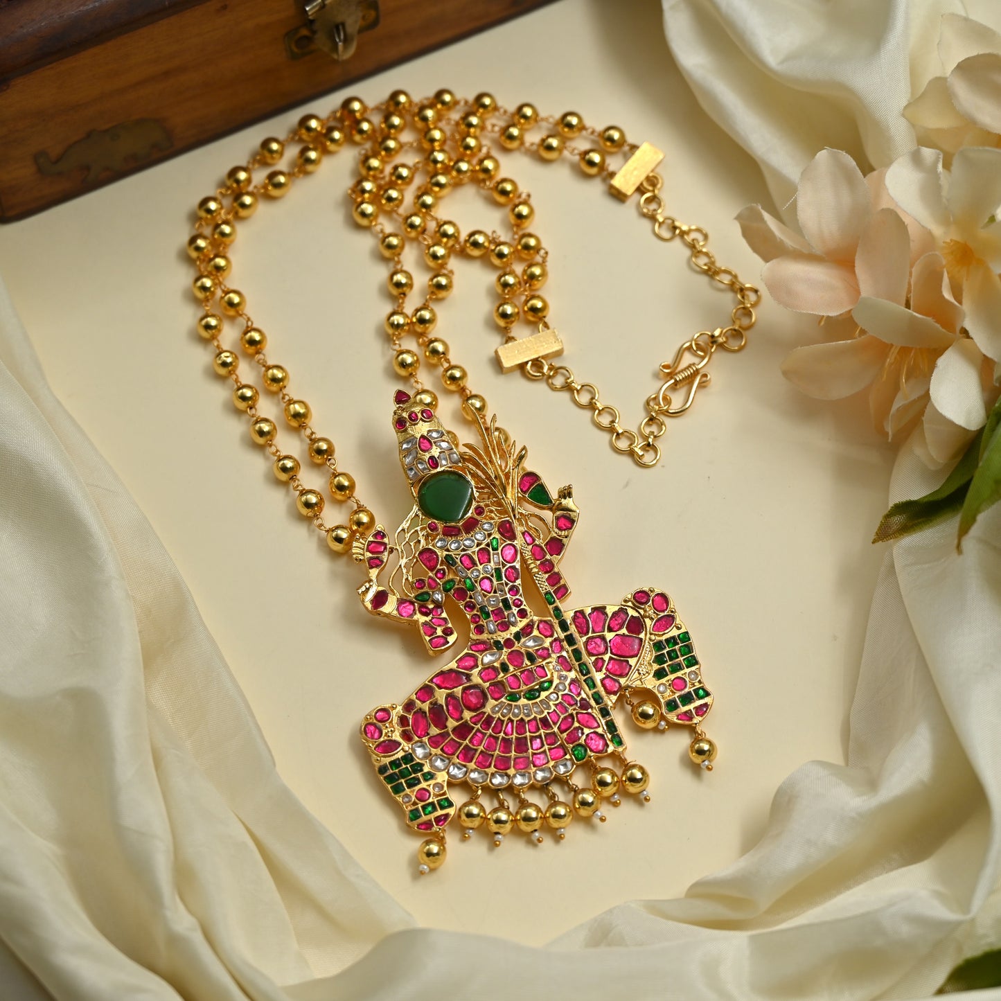 Divine Gold Look Alike Jadau Kundan Kamakshi Pendant with Balls Chain