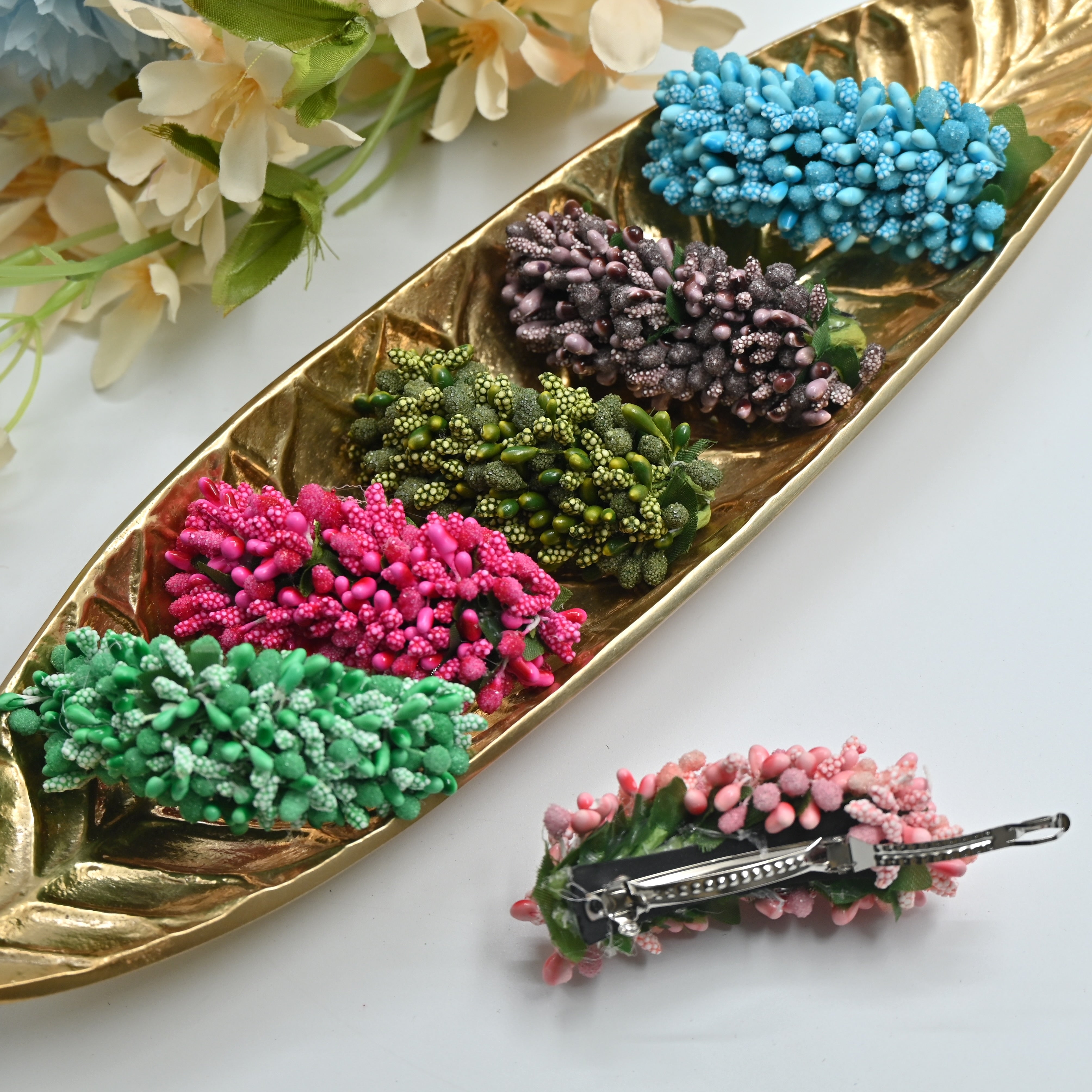 Handmade Single Colour Pollen Flowers Hair Clip - French Barrette Hair Clip For Women (Pack of 5)