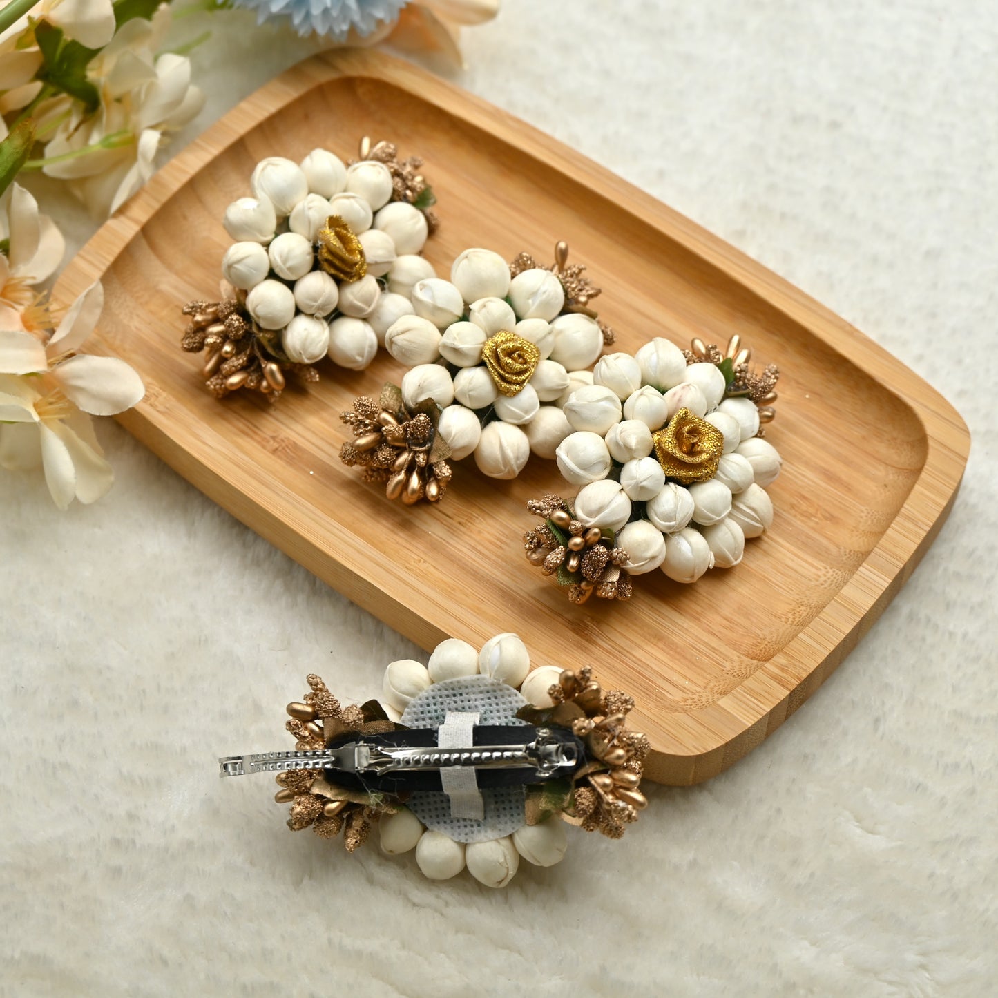 Handmade White & Gold Malli Rose With Pollens French Barrette Hair Clip