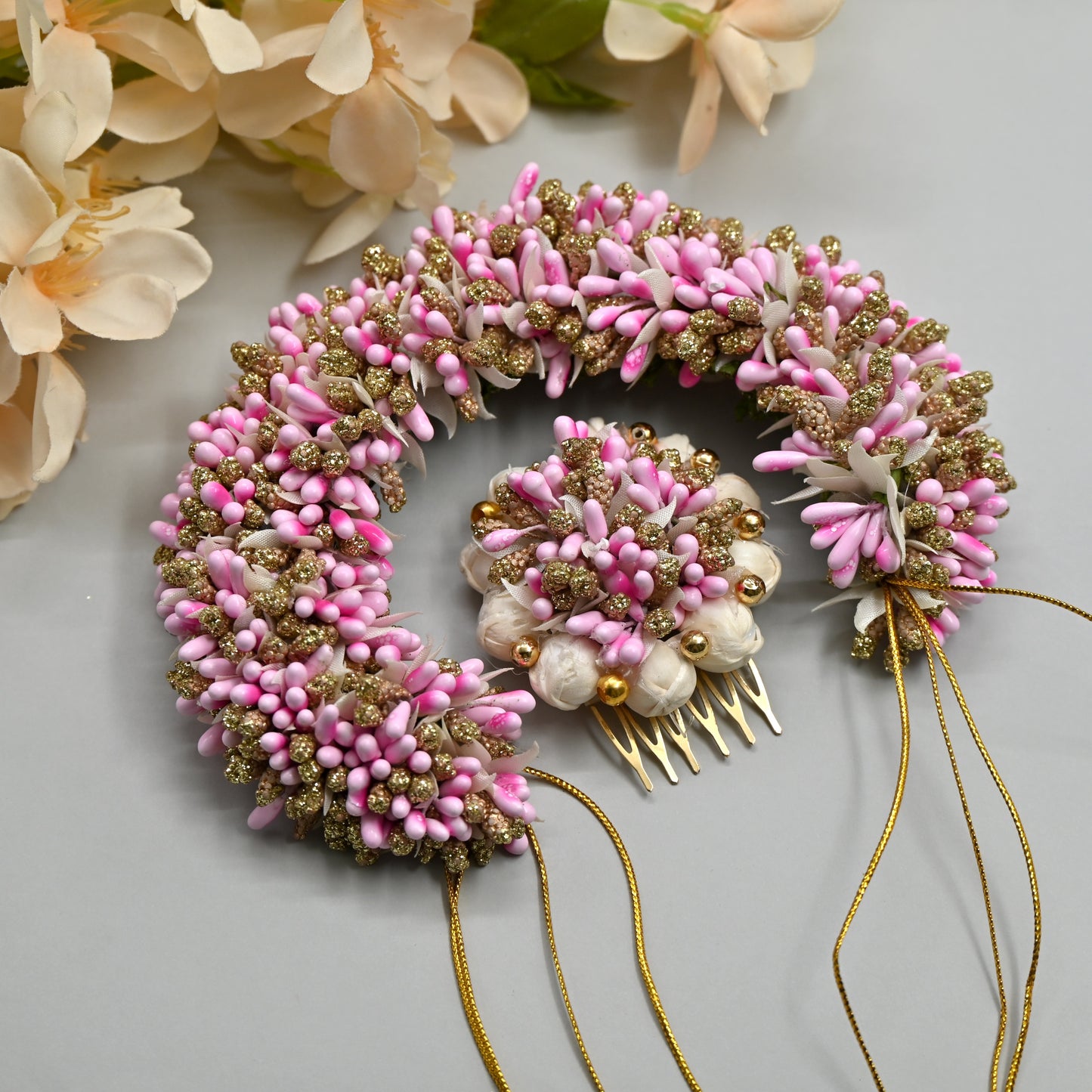 Handmade Pollen Bridal Veni with Jasmine Pollen Comb - Rose