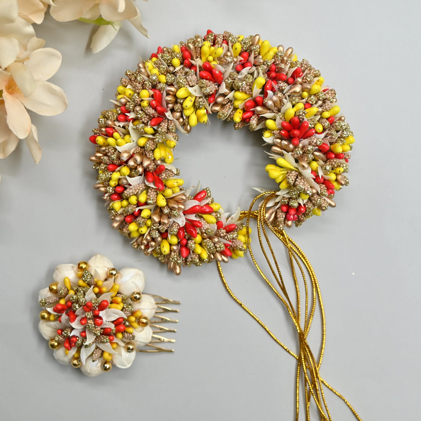 Handmade Pollen Bridal Veni with Jasmine Pollen Comb - Yellow & Red