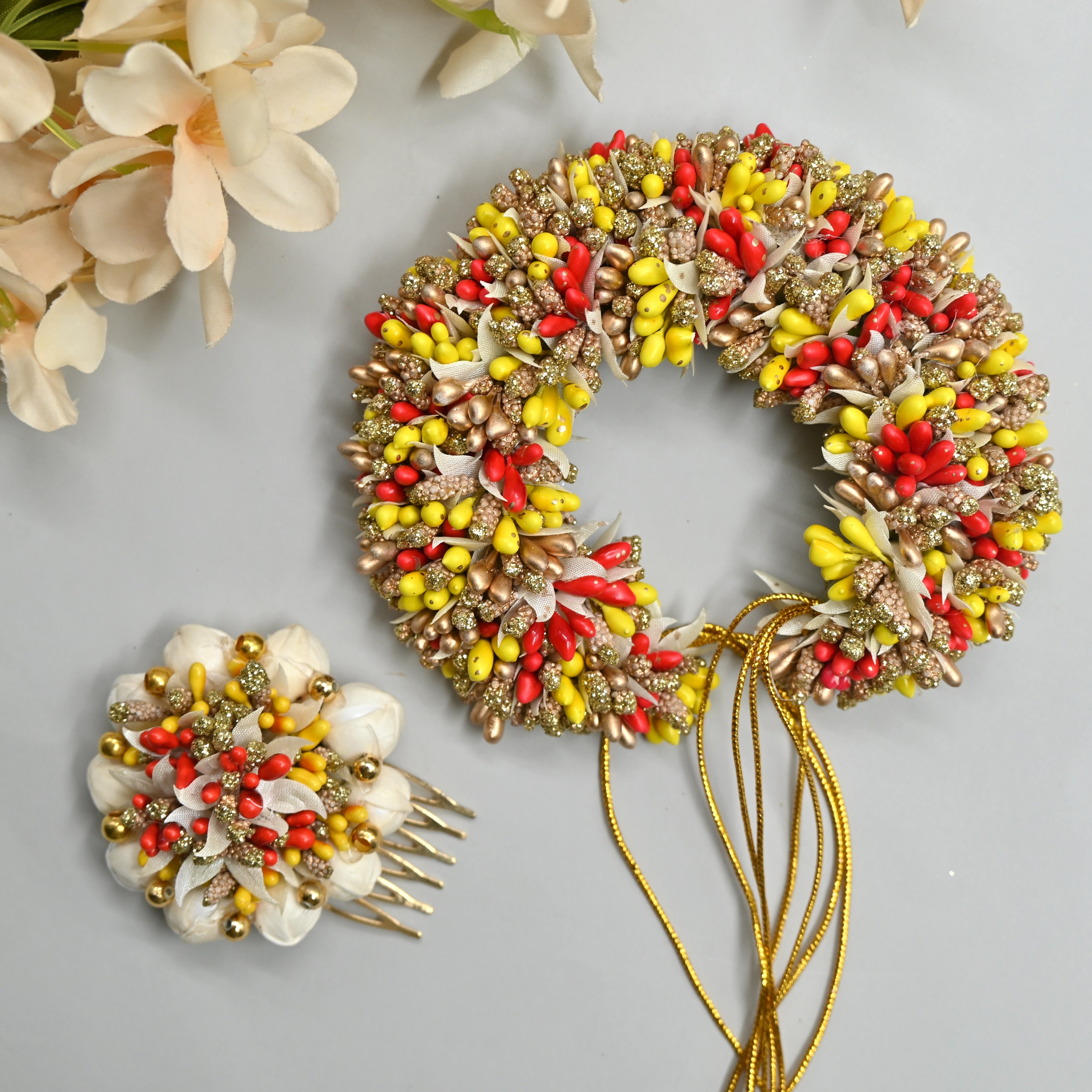 Handmade Pollen Bridal Veni with Jasmine Pollen Comb - Yellow & Red