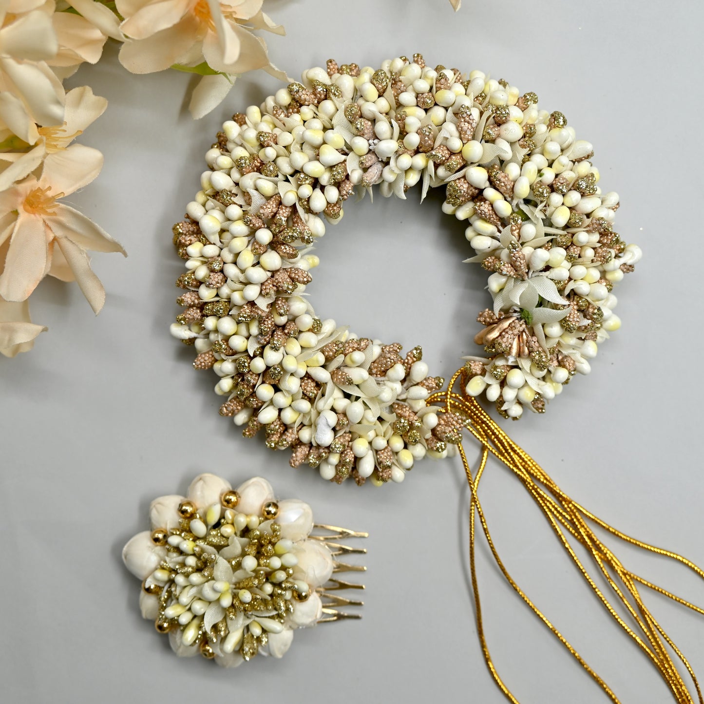 Handmade Pollen Bridal Veni with Jasmine Pollen Comb - Cream White