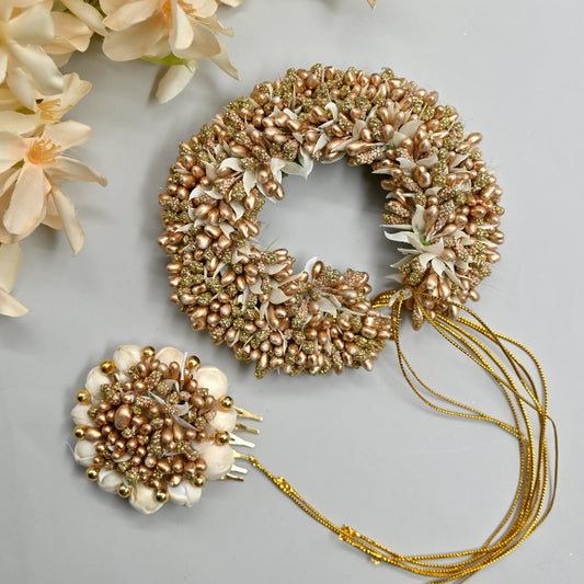 Handmade Pollen Bridal Veni with Jasmine Pollen Comb - Gold