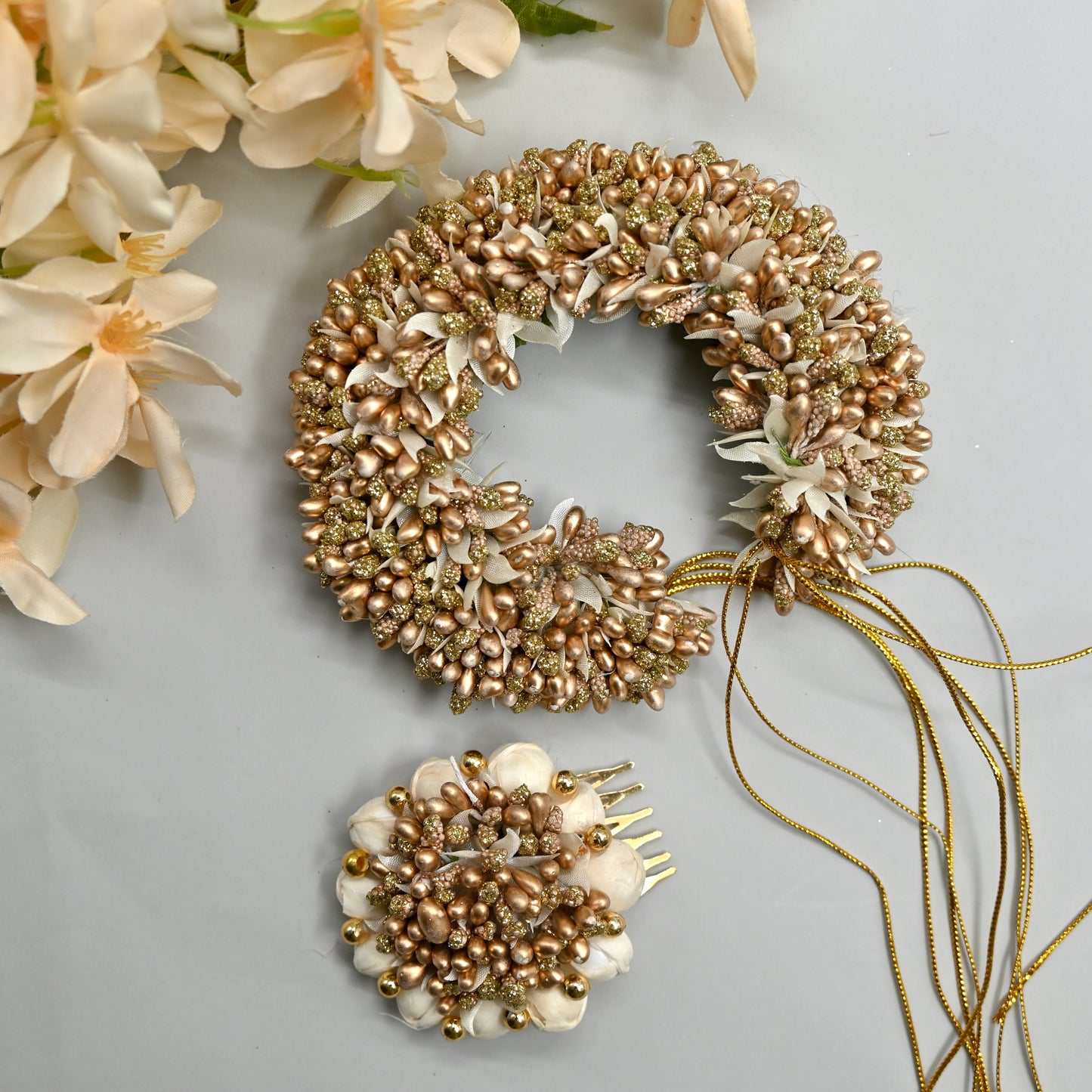 Handmade Pollen Bridal Veni with Jasmine Pollen Comb - Gold