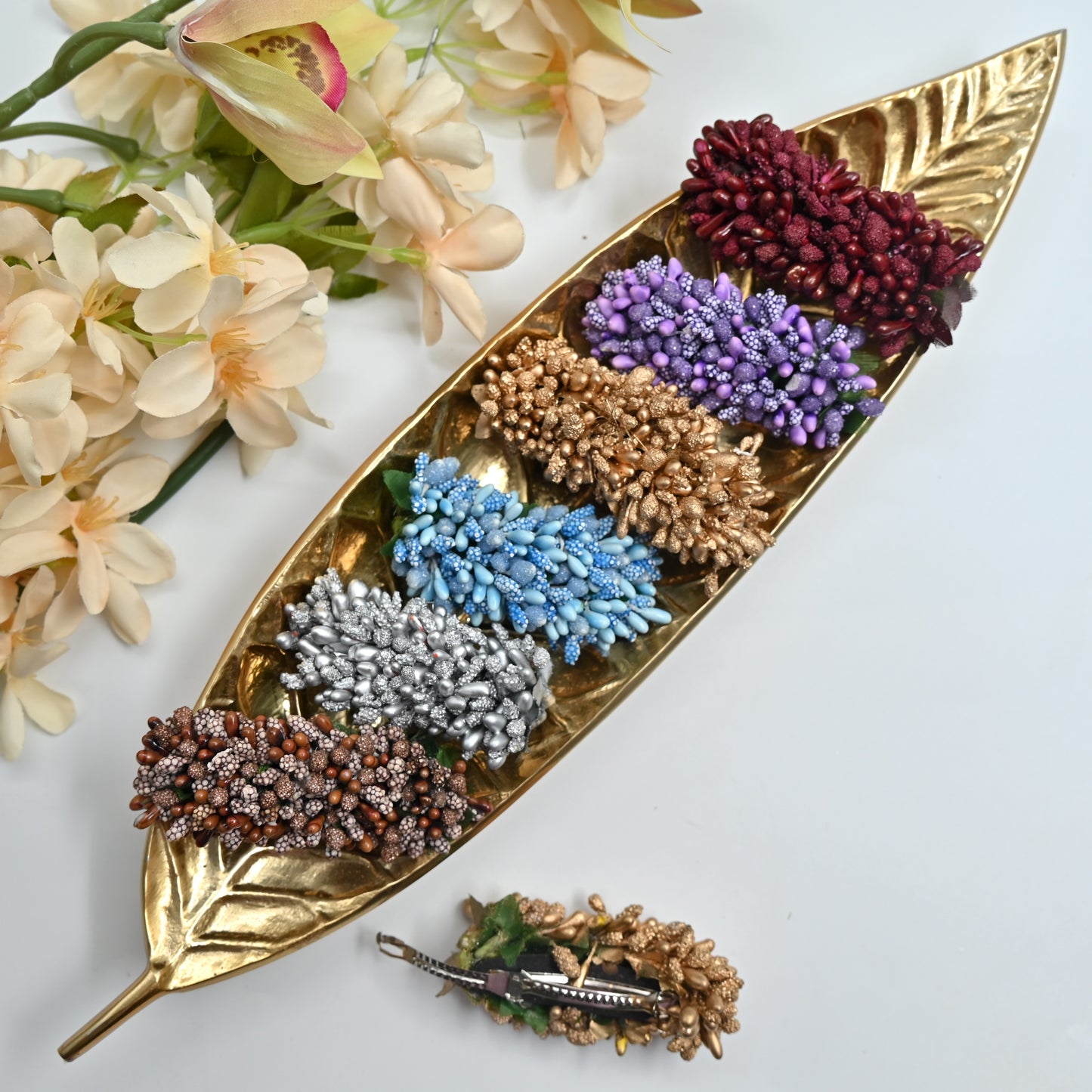 Handmade Single Colour Pollen Flowers Hair Clip - French Barrette Hair Clip For Women (Pack of 5)