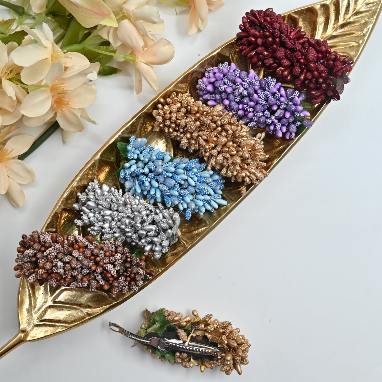 Handmade Single Colour Pollen Flowers Hair Clip - French Barrette Hair Clip For Women (Pack of 5)