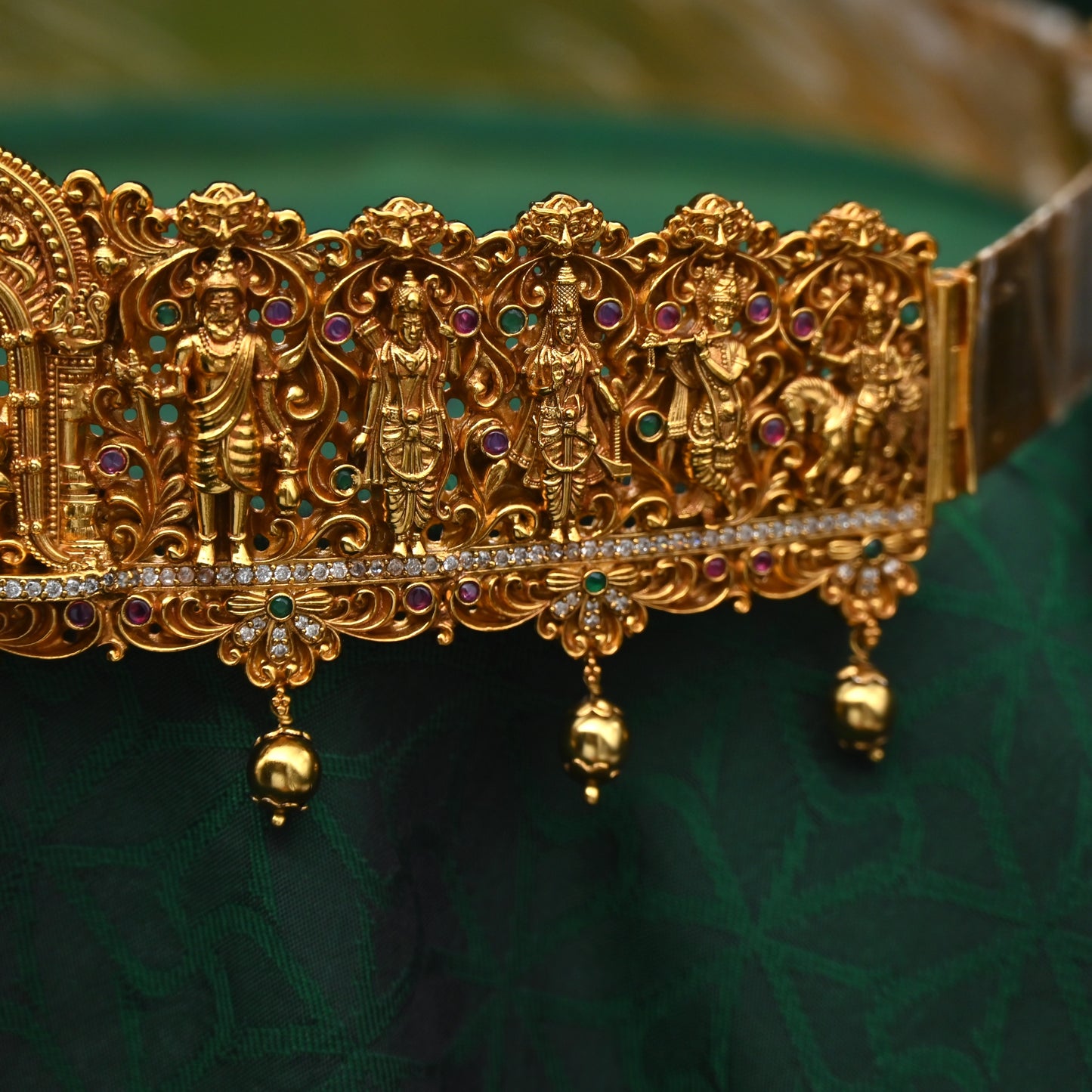 Antique Gold Nagasi Work Balaji Padmavathi with Dasavatharam Carvings Bridal Hip Belt