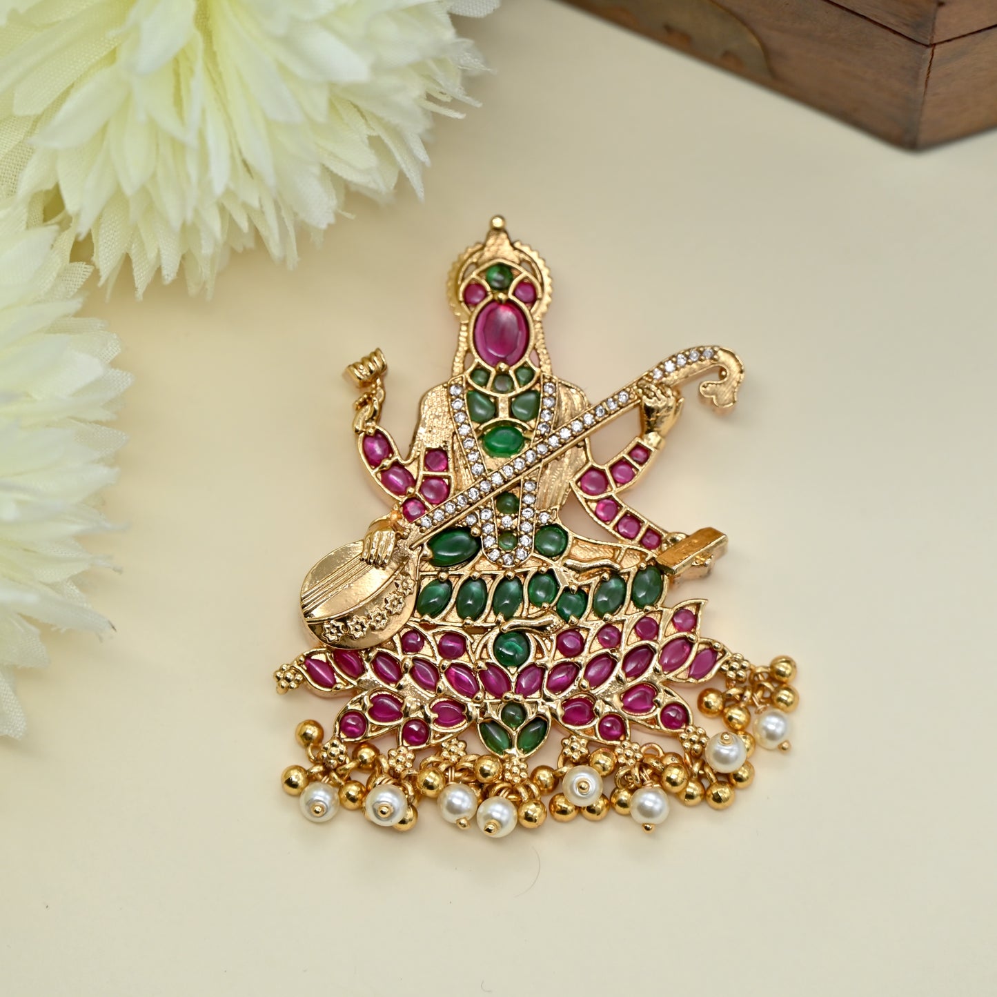 Detachable Premium Kemp Kundan Goddess Saraswati Divine Pendant