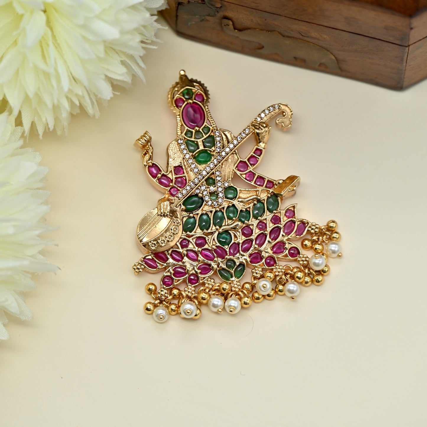 Detachable Premium Kemp Kundan Goddess Saraswati Divine Pendant