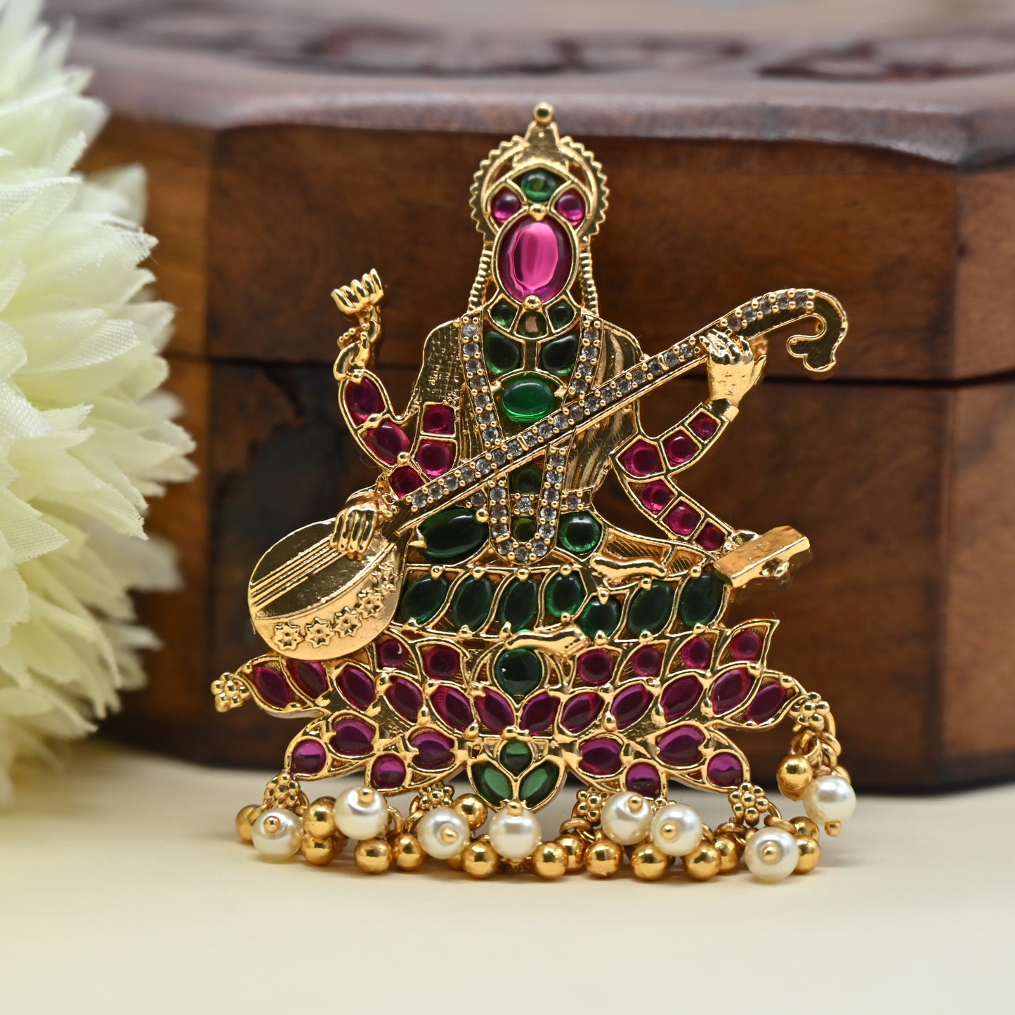 Detachable Premium Kemp Kundan Goddess Saraswati Divine Pendant