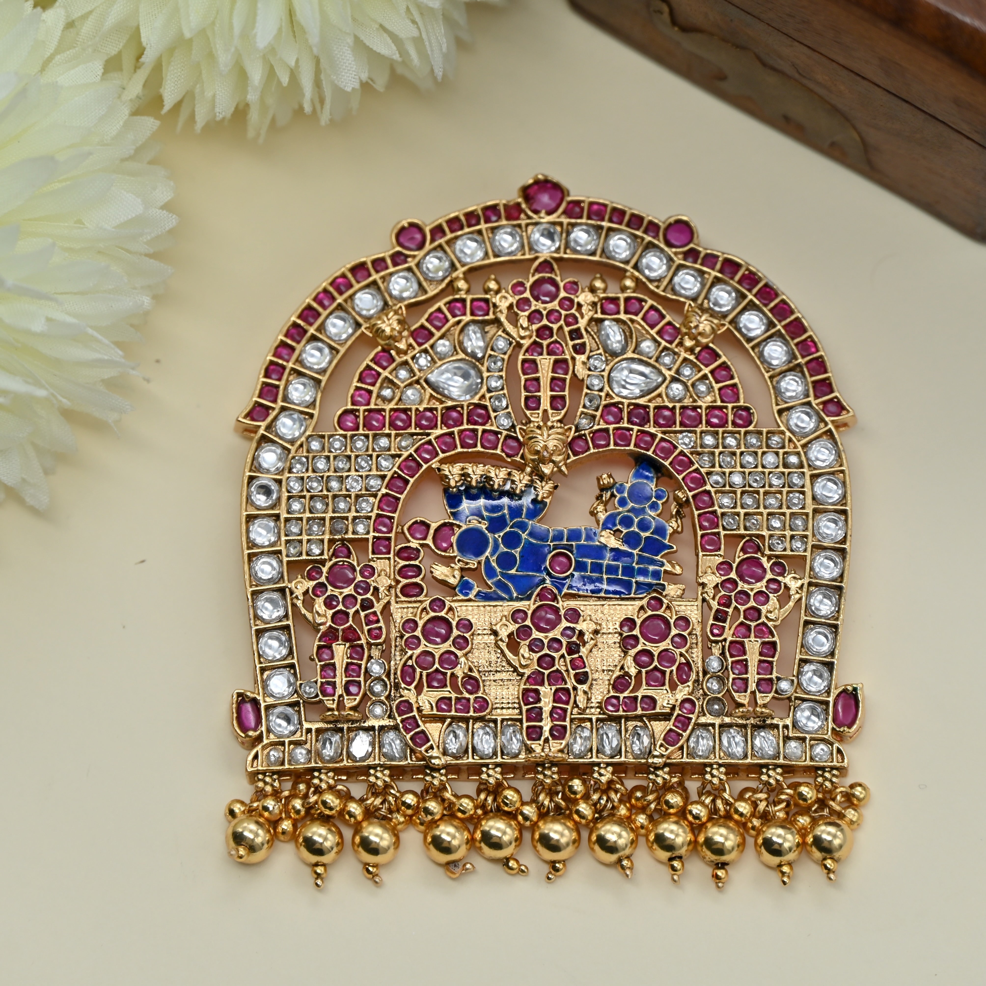 Detachable Premium Kemp Kundan Lord Ranganathar With Sri Devi And Bhu Devi Divine Pendant