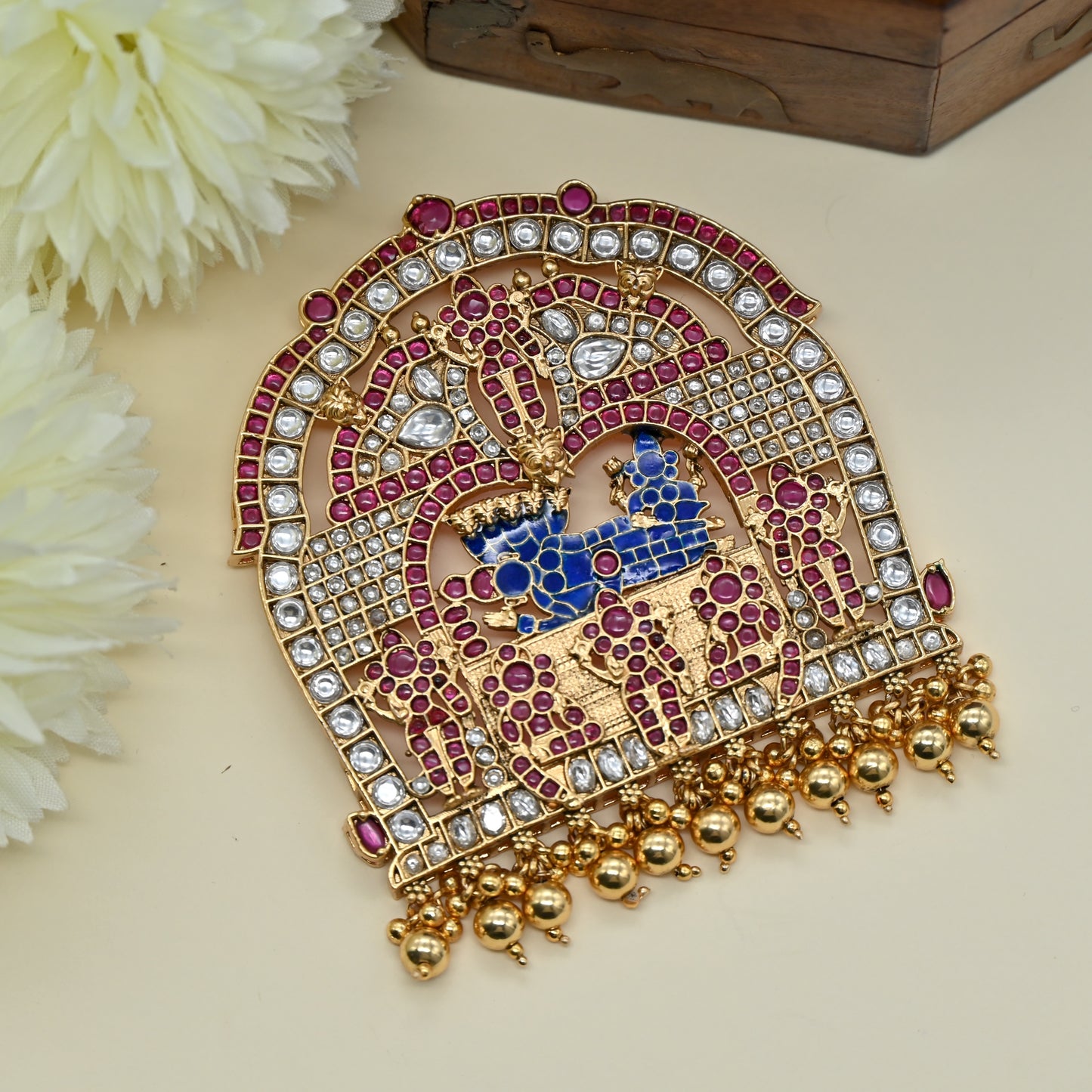 Detachable Premium Kemp Kundan Lord Ranganathar With Sri Devi And Bhu Devi Divine Pendant