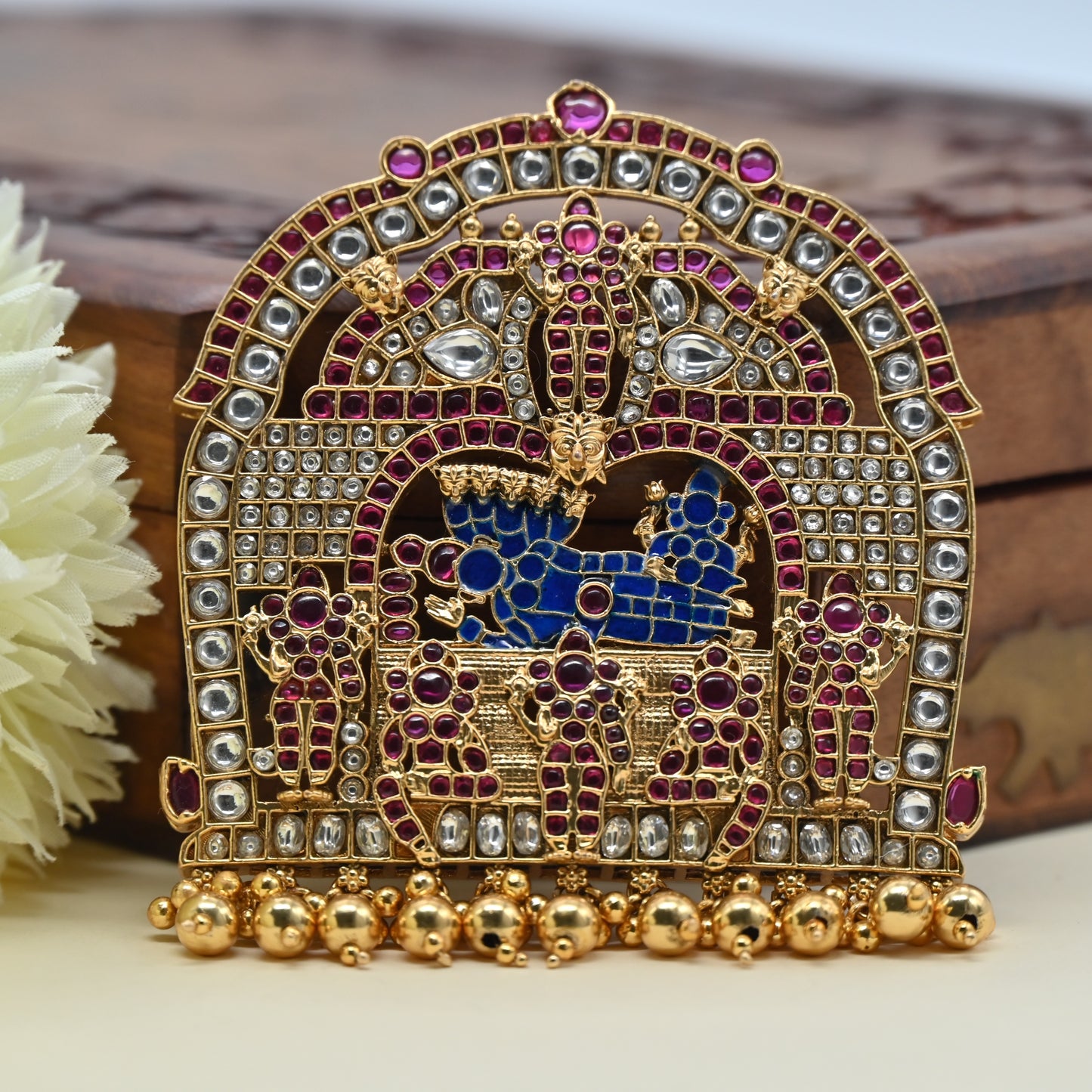 Detachable Premium Kemp Kundan Lord Ranganathar With Sri Devi And Bhu Devi Divine Pendant