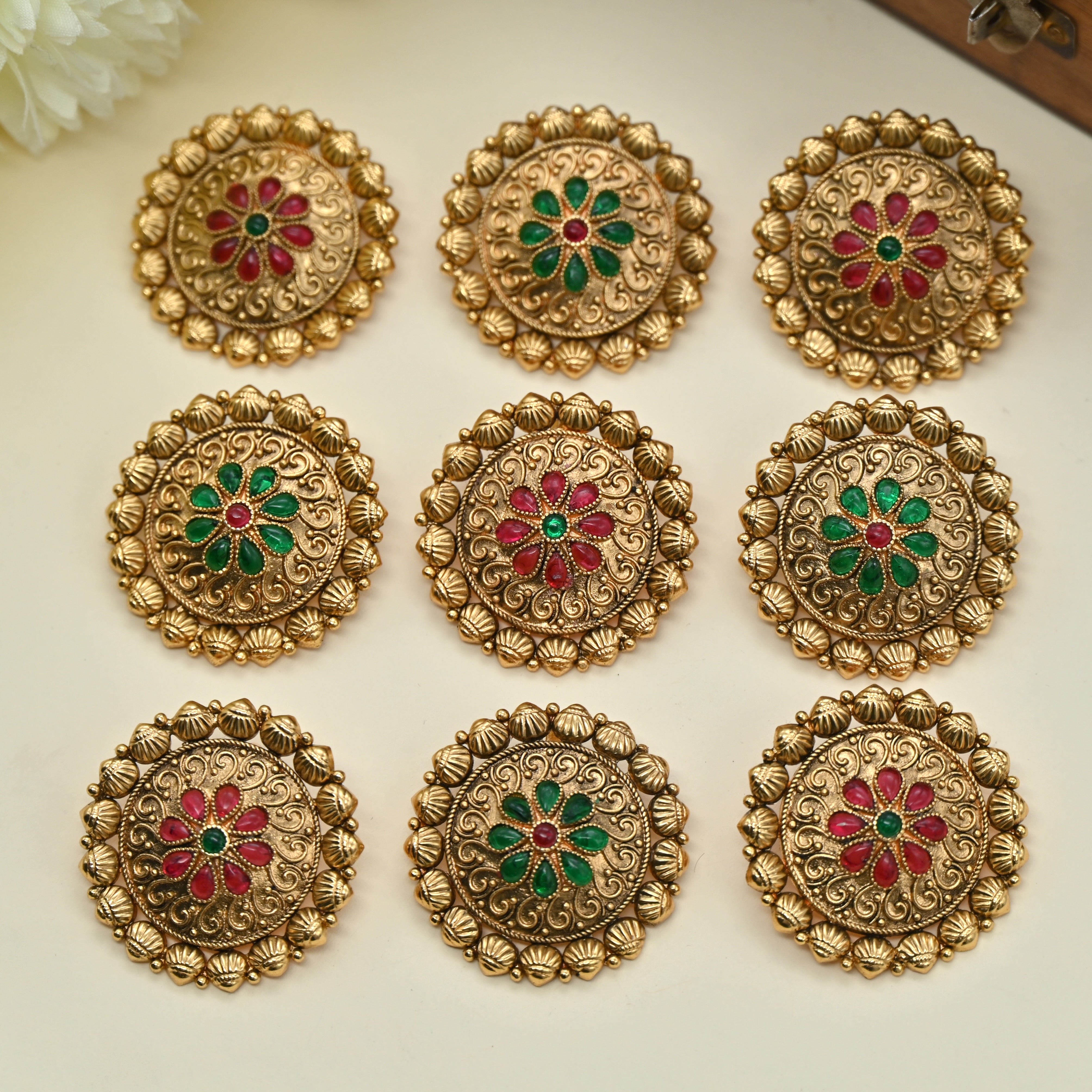 Premium Round Kemp Floweer Set of 9 Bridal Choti Jada Billa - Jadai Billai Set