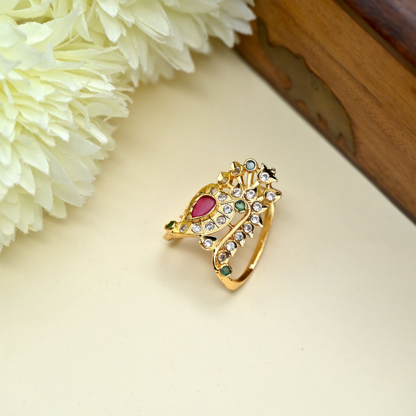 Real Gold Tone Traditional AD Peacock Vanki Finger Ring / Neli Modhiram