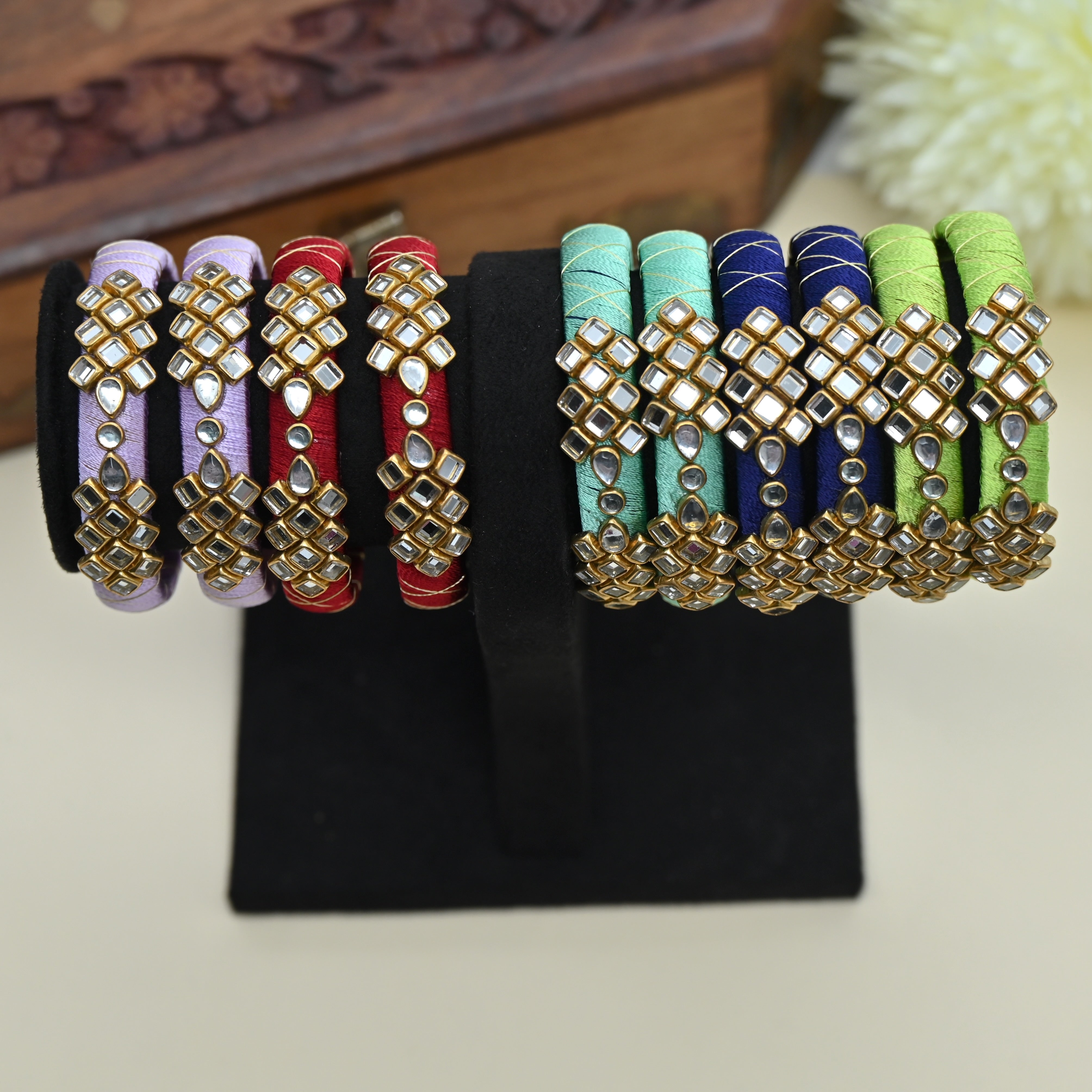 Handmade Checkered Silk Thread Kundan Bangles Combo For Kids - Pack of 5 Assorted Colours