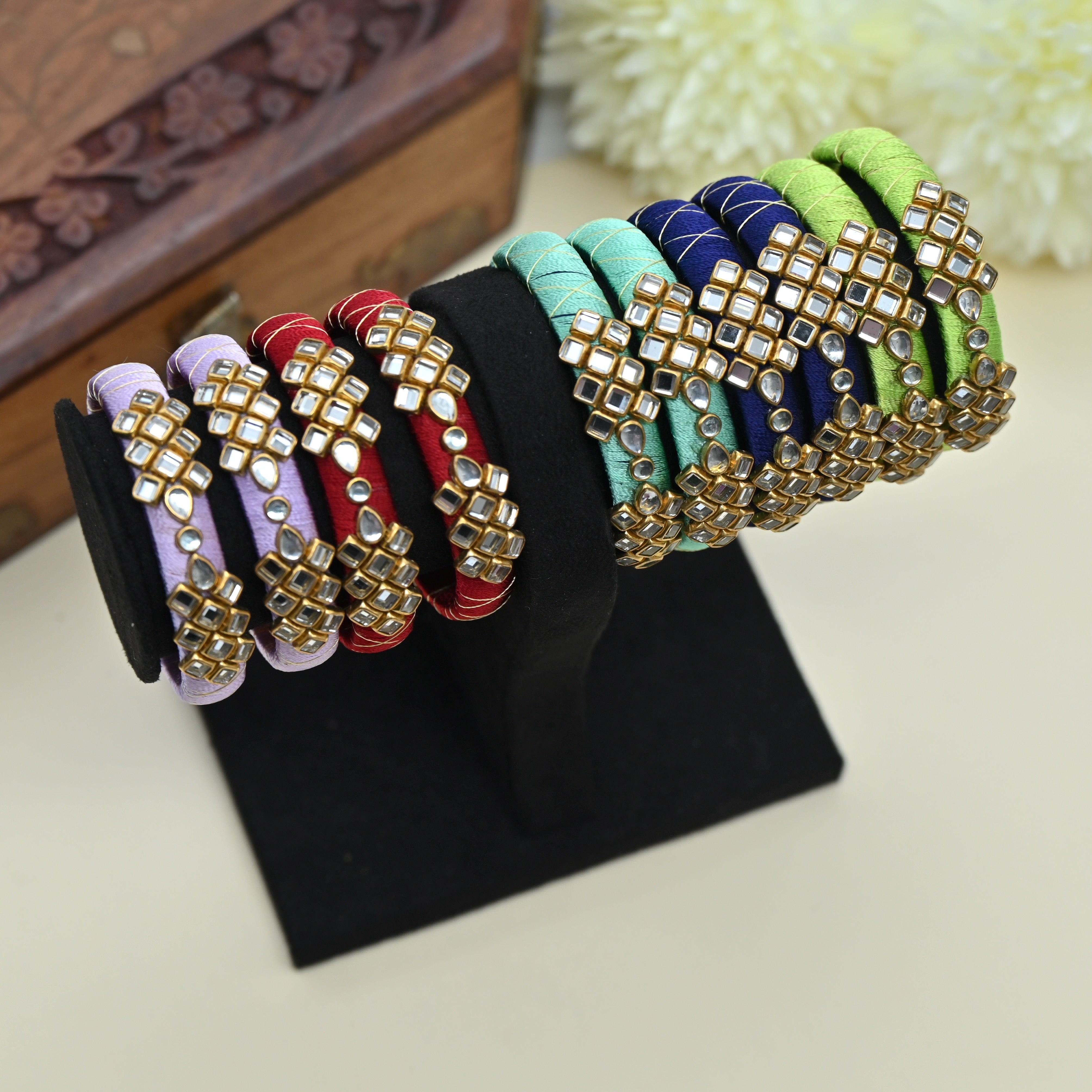 Handmade Checkered Silk Thread Kundan Bangles Combo For Kids - Pack of 5 Assorted Colours