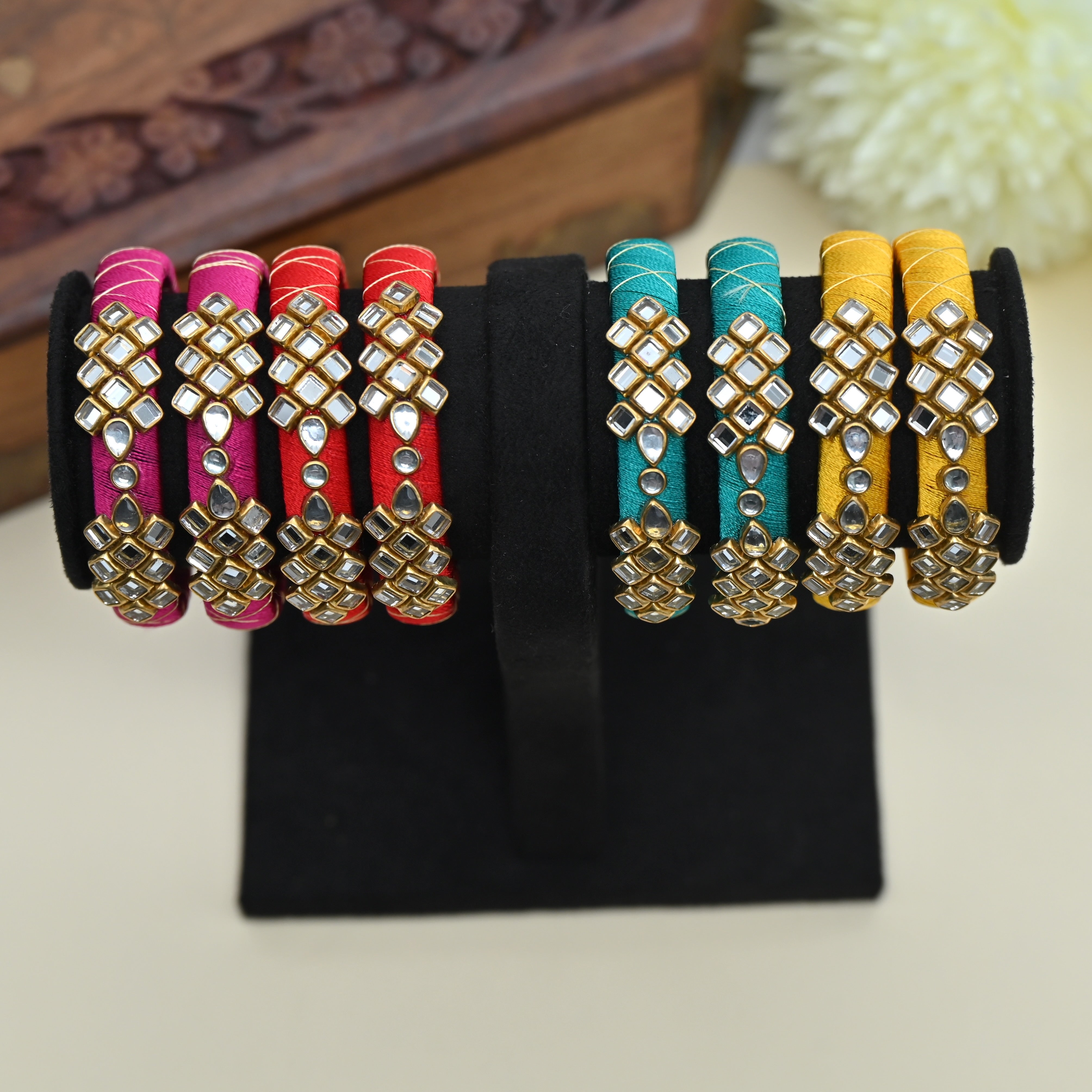 Handmade Checkered Silk Thread Kundan Bangles Combo For Kids - Pack of 5 Assorted Colours