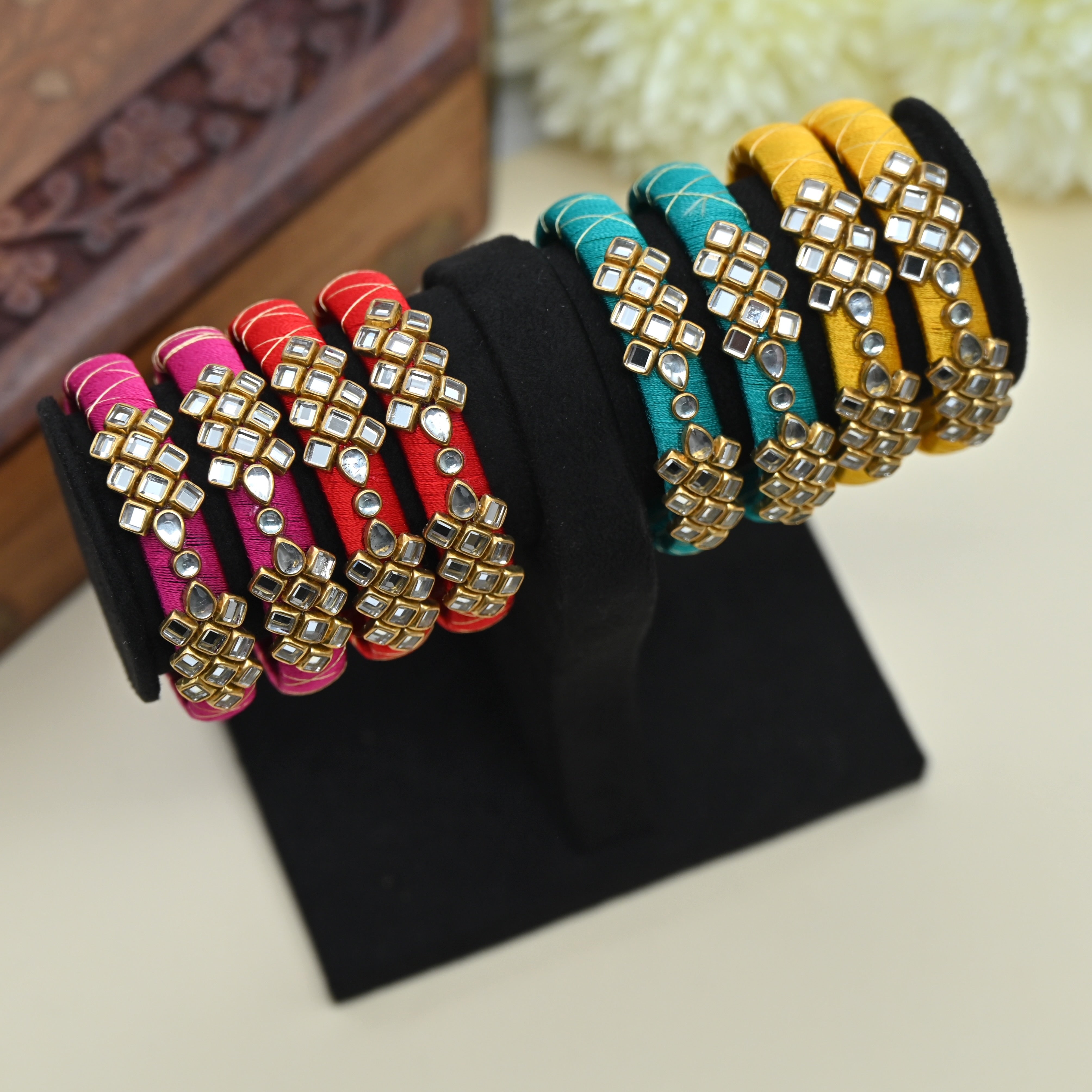 Handmade Checkered Silk Thread Kundan Bangles Combo For Kids - Pack of 5 Assorted Colours