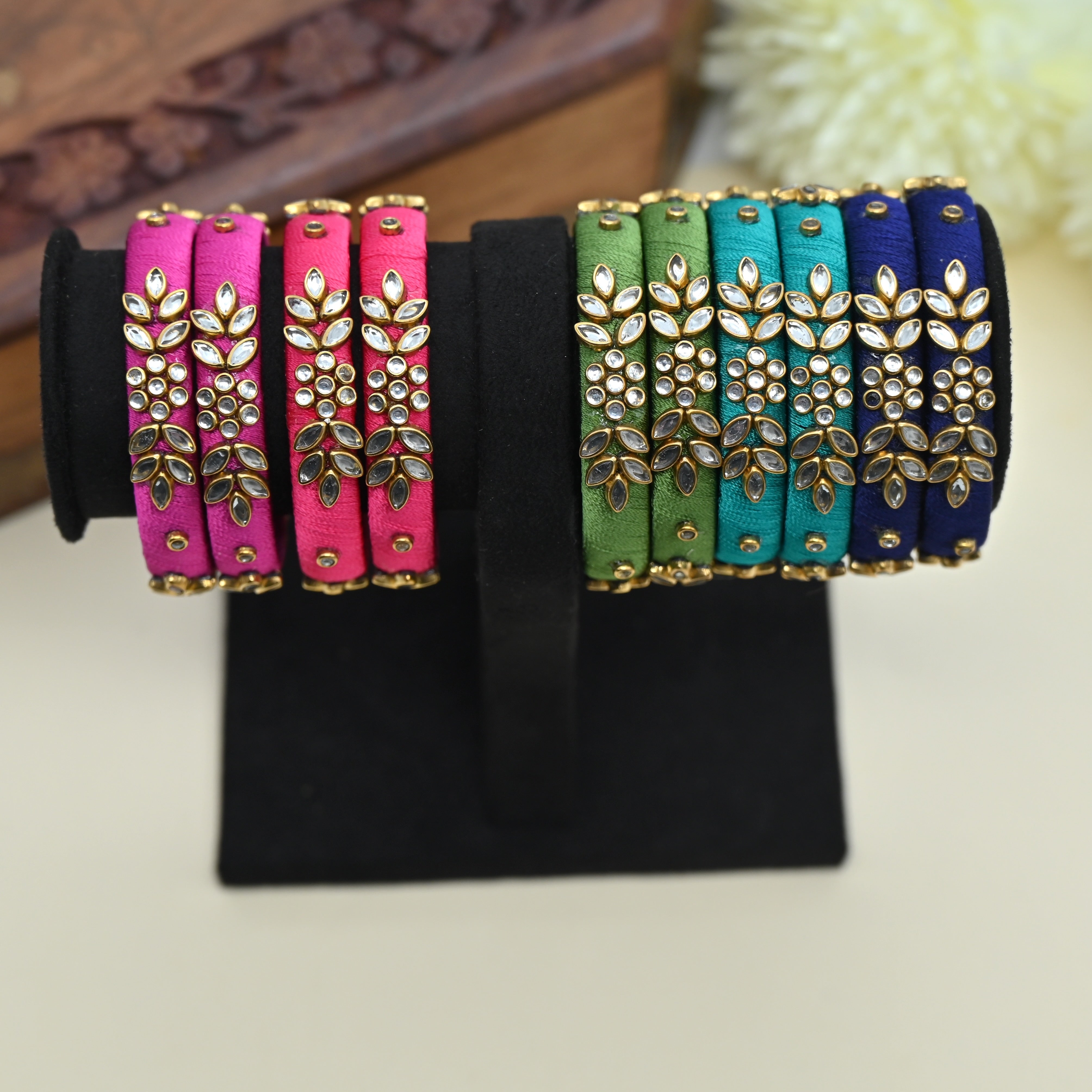 Handmade Plain Silk Thread Kundan Bangles Combo For Kids - Assorted Colours Pack of 5 Pairs of Bangles