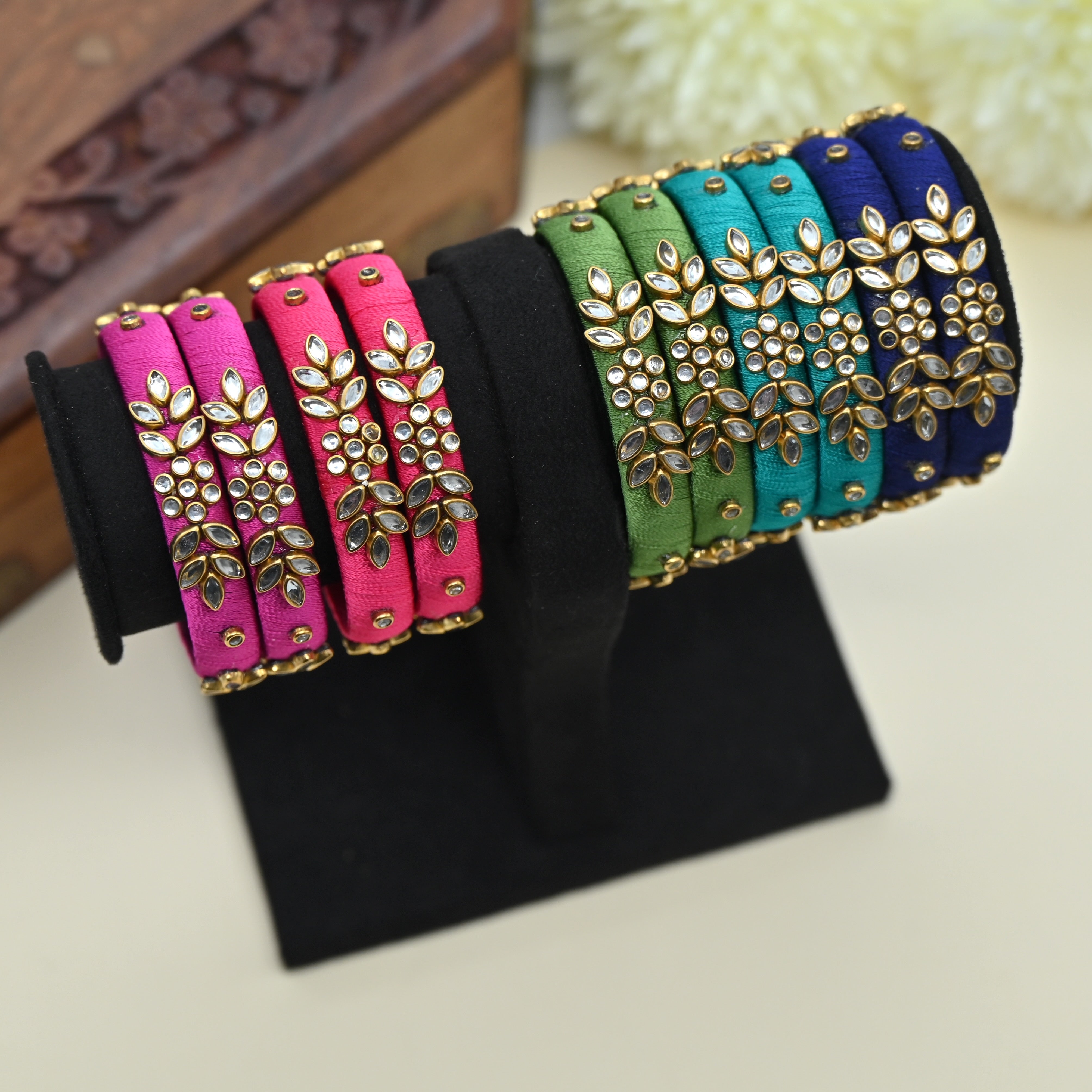 Handmade Plain Silk Thread Kundan Bangles Combo For Kids - Assorted Colours Pack of 5 Pairs of Bangles