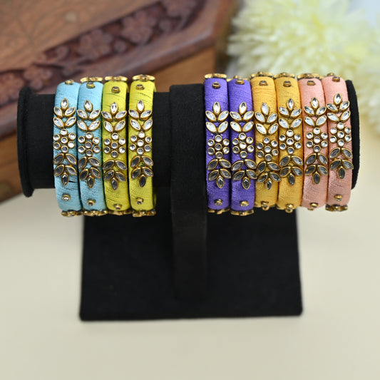 Handmade Plain Silk Thread Kundan Bangles Combo For Kids - Assorted Colours Pack of 5 Pairs of Bangles