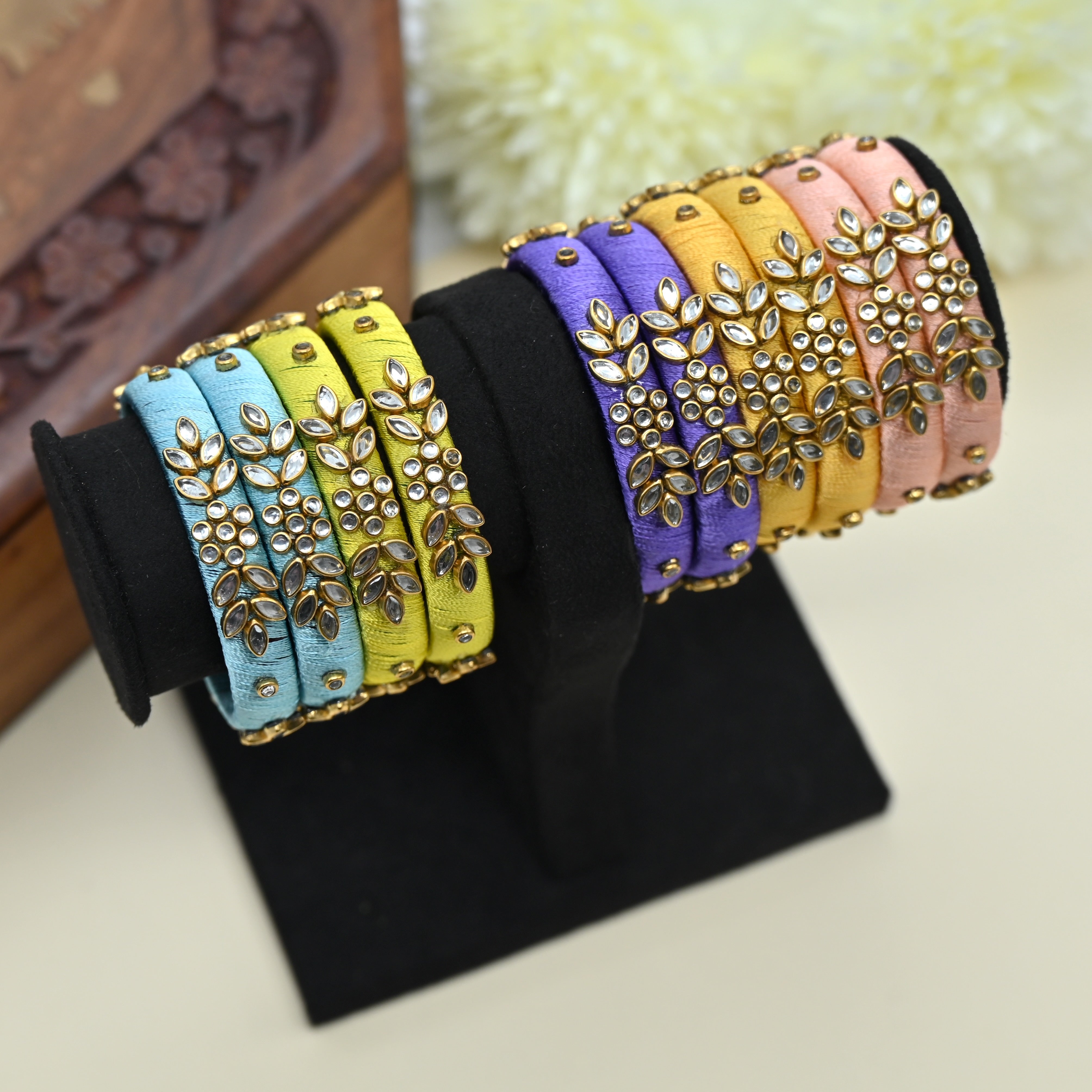 Handmade Plain Silk Thread Kundan Bangles Combo For Kids - Assorted Colours Pack of 5 Pairs of Bangles