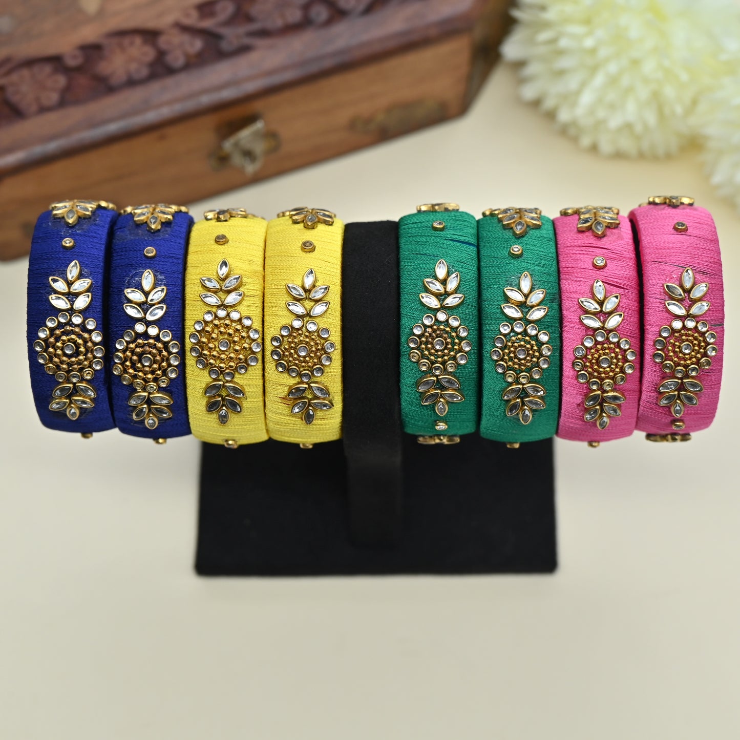 Thick Handmade Plain Silk Thread Kundan Bangles Combo For Kids - Assorted Colours Pack of 5 Pairs of Bangles