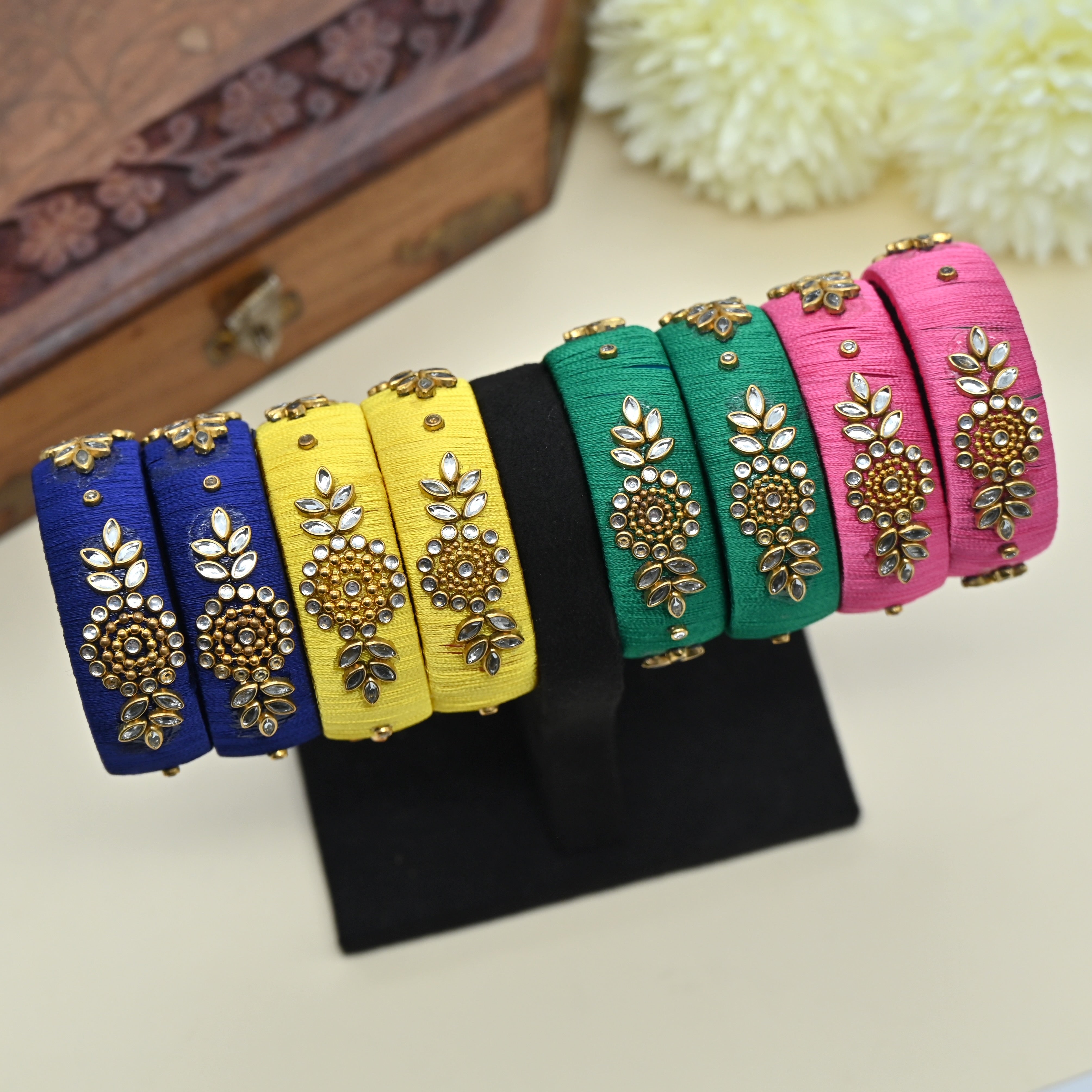 Thick Handmade Plain Silk Thread Kundan Bangles Combo For Kids - Assorted Colours Pack of 5 Pairs of Bangles