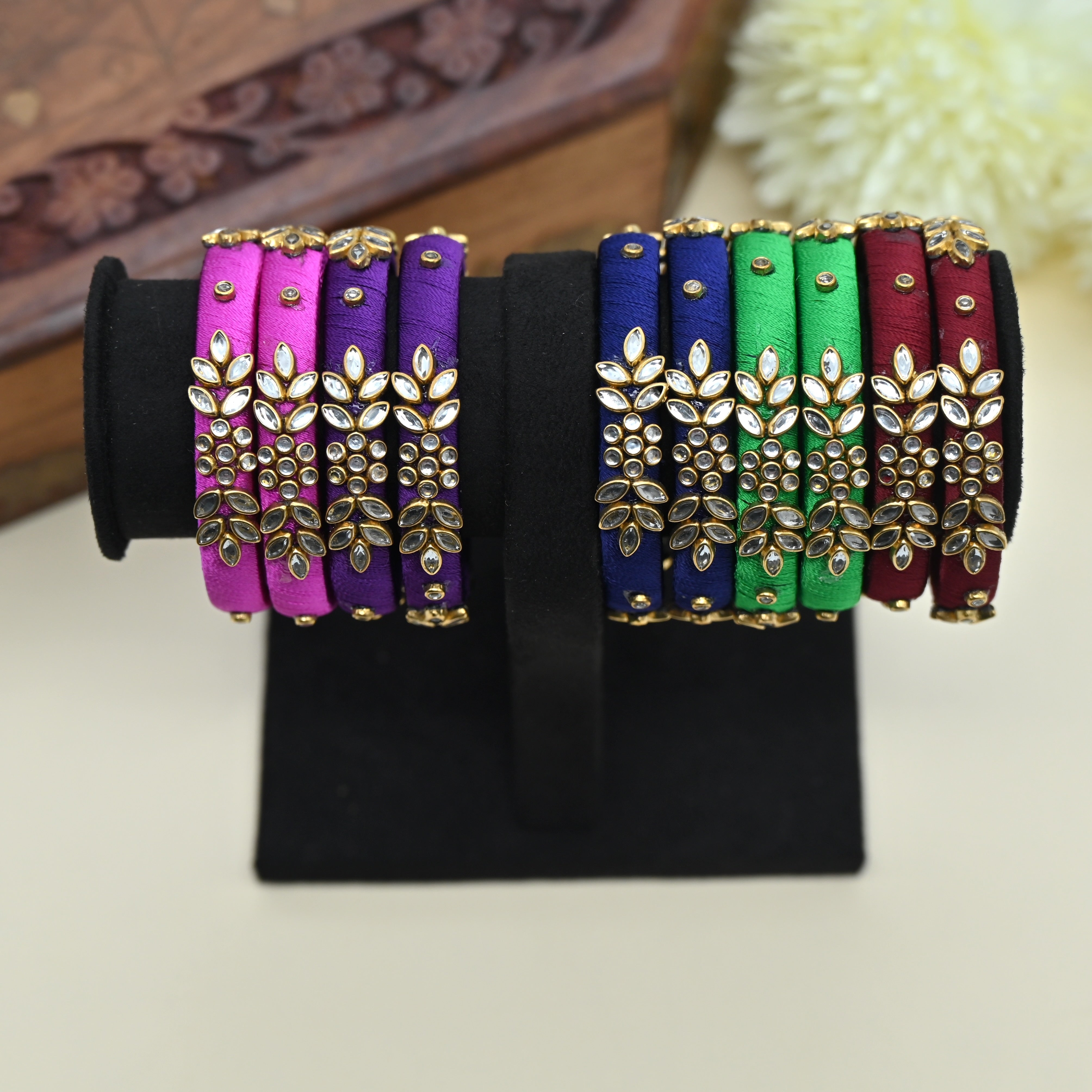 Handmade Plain Silk Thread Kundan Bangles Combo For Kids - Assorted Colours Pack of 5 Pairs of Bangles