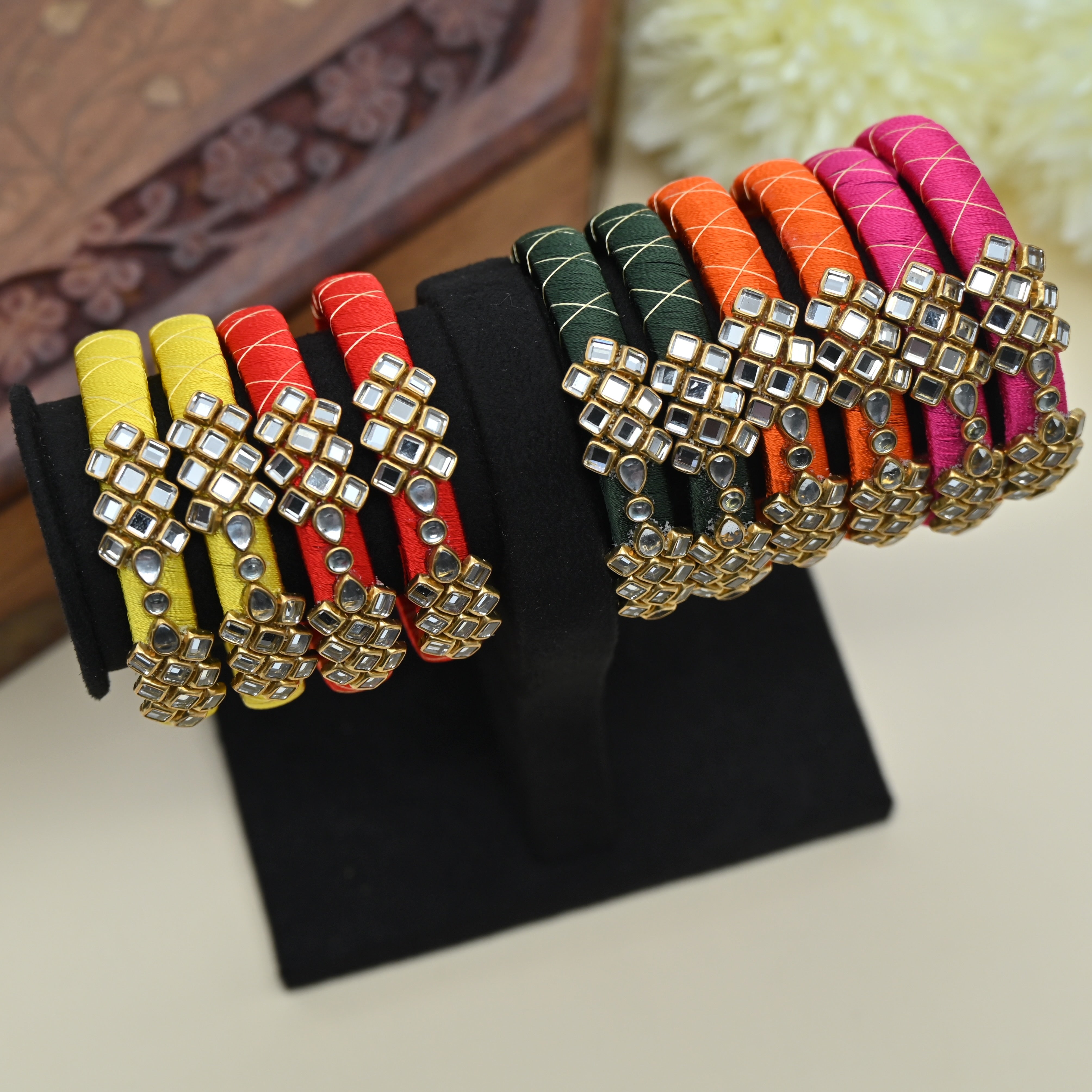 Handmade Checkered Silk Thread Kundan Bangles Combo For Kids - Pack of 5 Assorted Colours