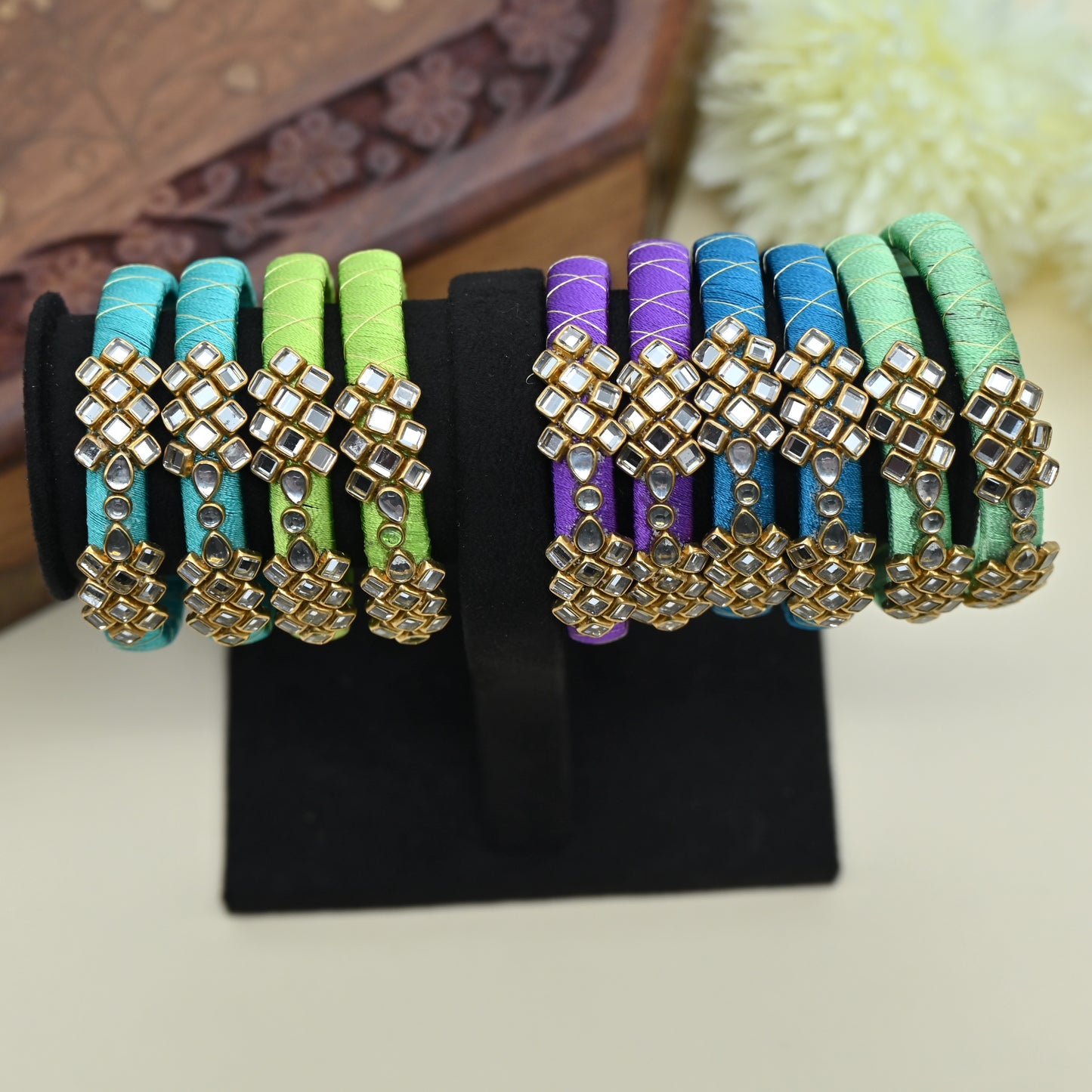 Handmade Checkered Silk Thread Kundan Bangles Combo For Kids - Pack of 5 Assorted Colours