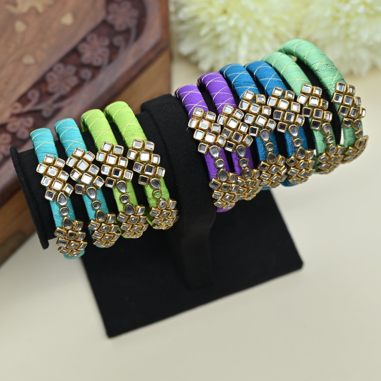 Handmade Checkered Silk Thread Kundan Bangles Combo For Kids - Pack of 5 Assorted Colours