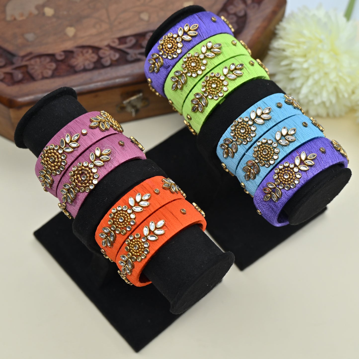 Thick Handmade Plain Silk Thread Kundan Bangles Combo For Kids - Assorted Colours Pack of 5 Pairs of Bangles